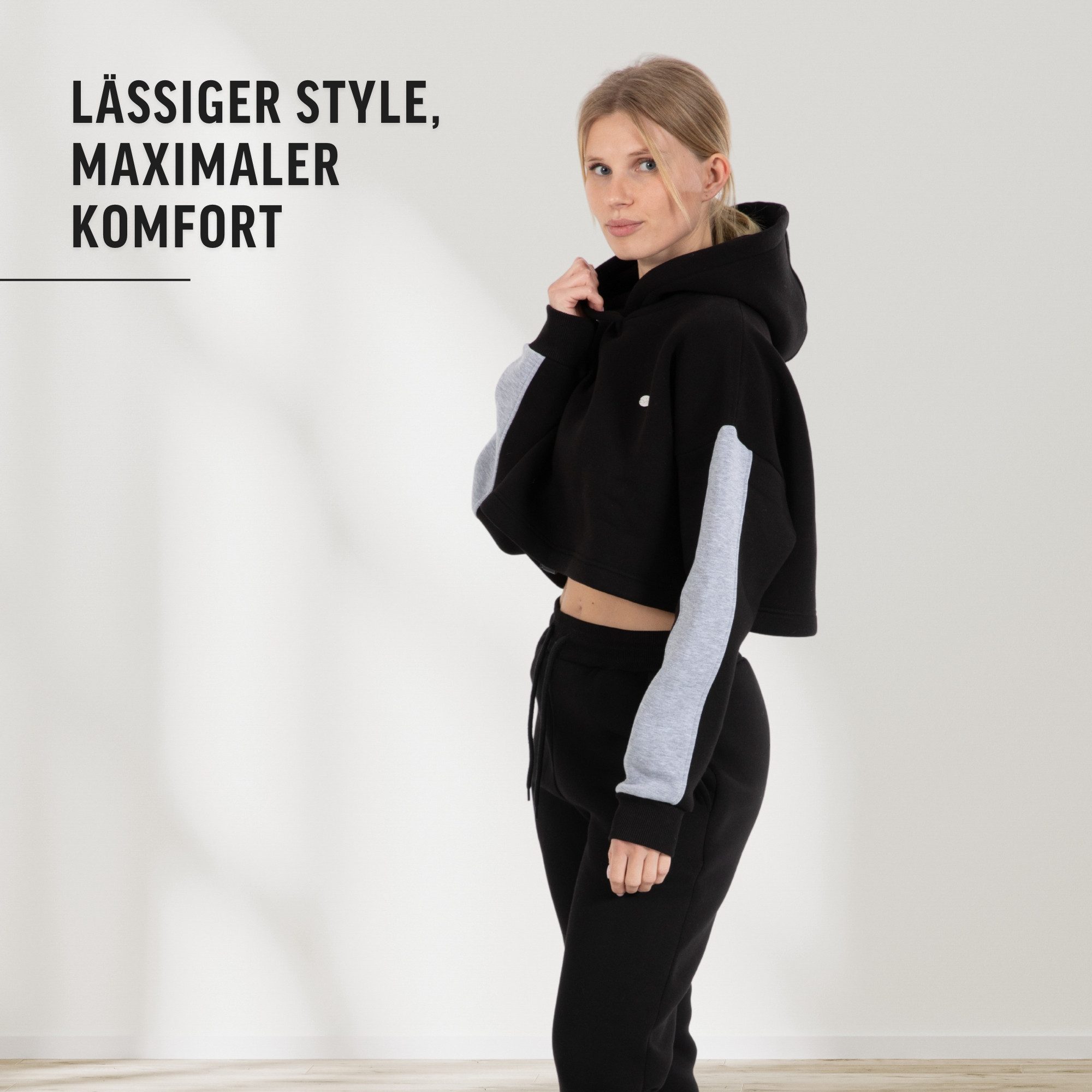 Smilodox Hoodie Amaya, Oversize Fit Crop Pullover Langarm, weicher Baumwollstoff Relaxed Cropped Kapuzenpullover Metallabel Bauchfrei Alltag Sport
