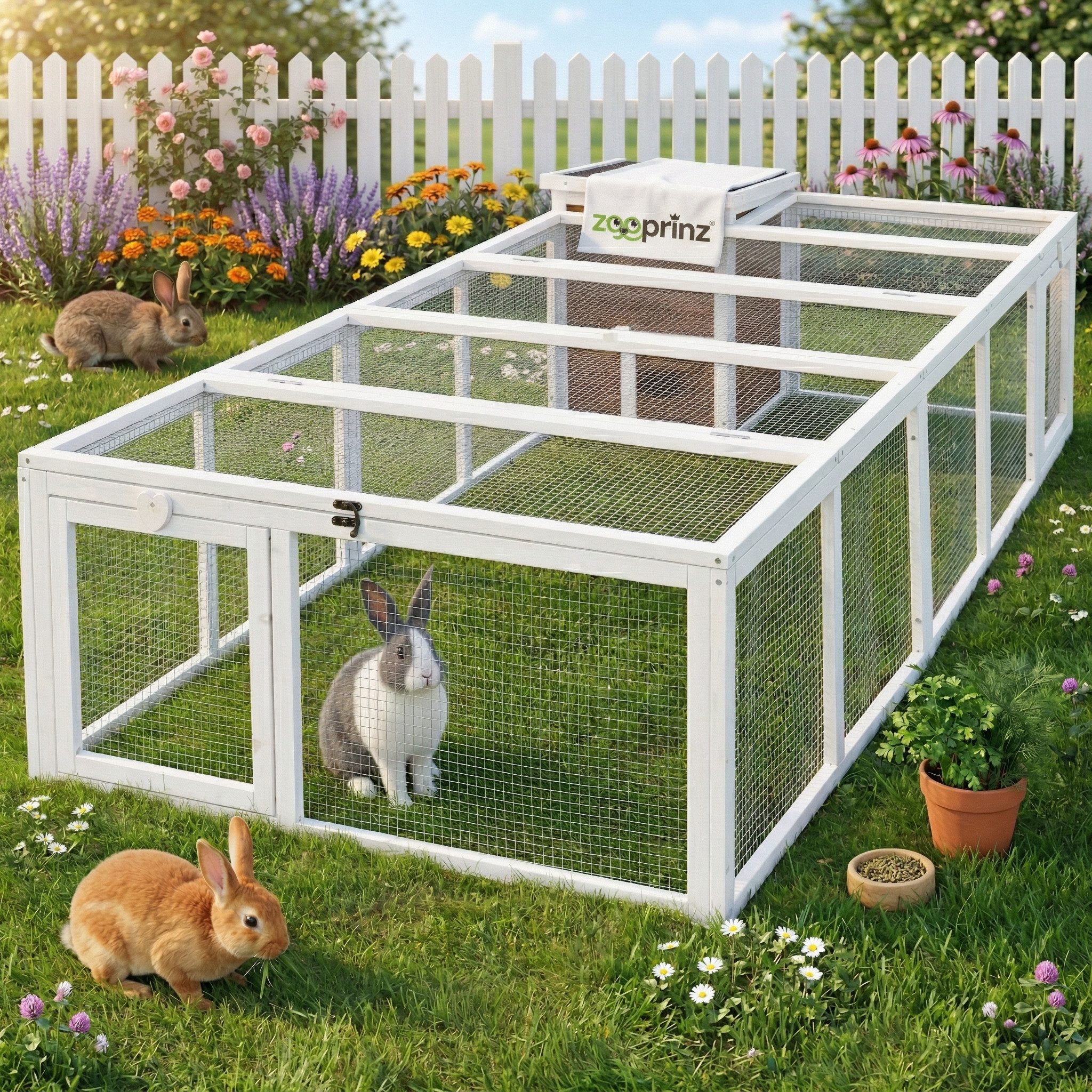 Zooprinz Freigehege Comfort Freilaufgehege L mit Haus 128 x 46,5 x 100 cm Holz, XXL. Wetterfest, Bitumen Klappdach, Freilauf, Auslauf, Freigehege