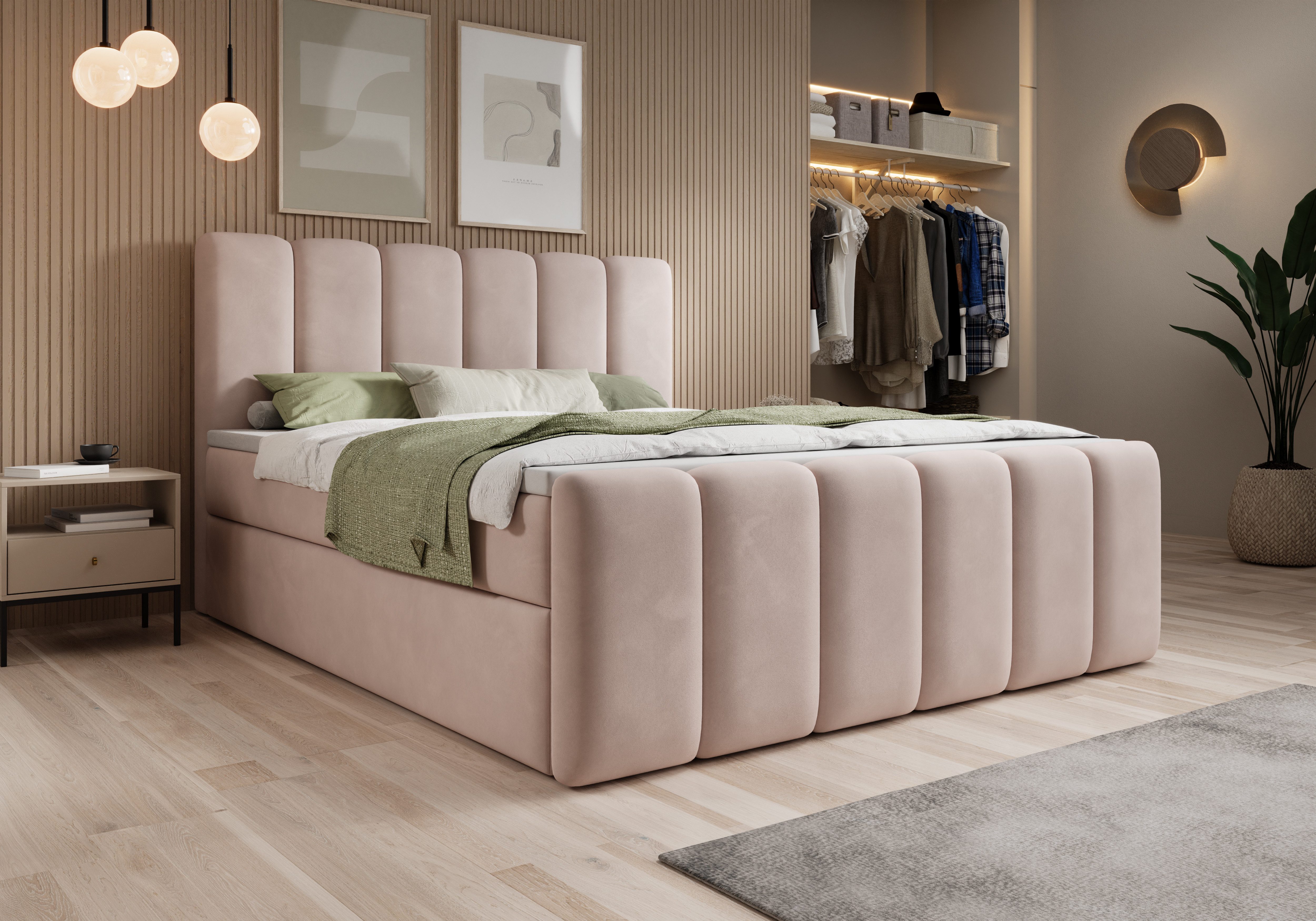 thematys Boxbett mit Bettkasten 140x200–200x200 cm – Velours oder Bouclé Bezug – (Polsterbett Bonnellfederkern Matratze H3 + Gratis 3cm Topper, Boxbett - Luxus Doppelbett mit Stauraum)