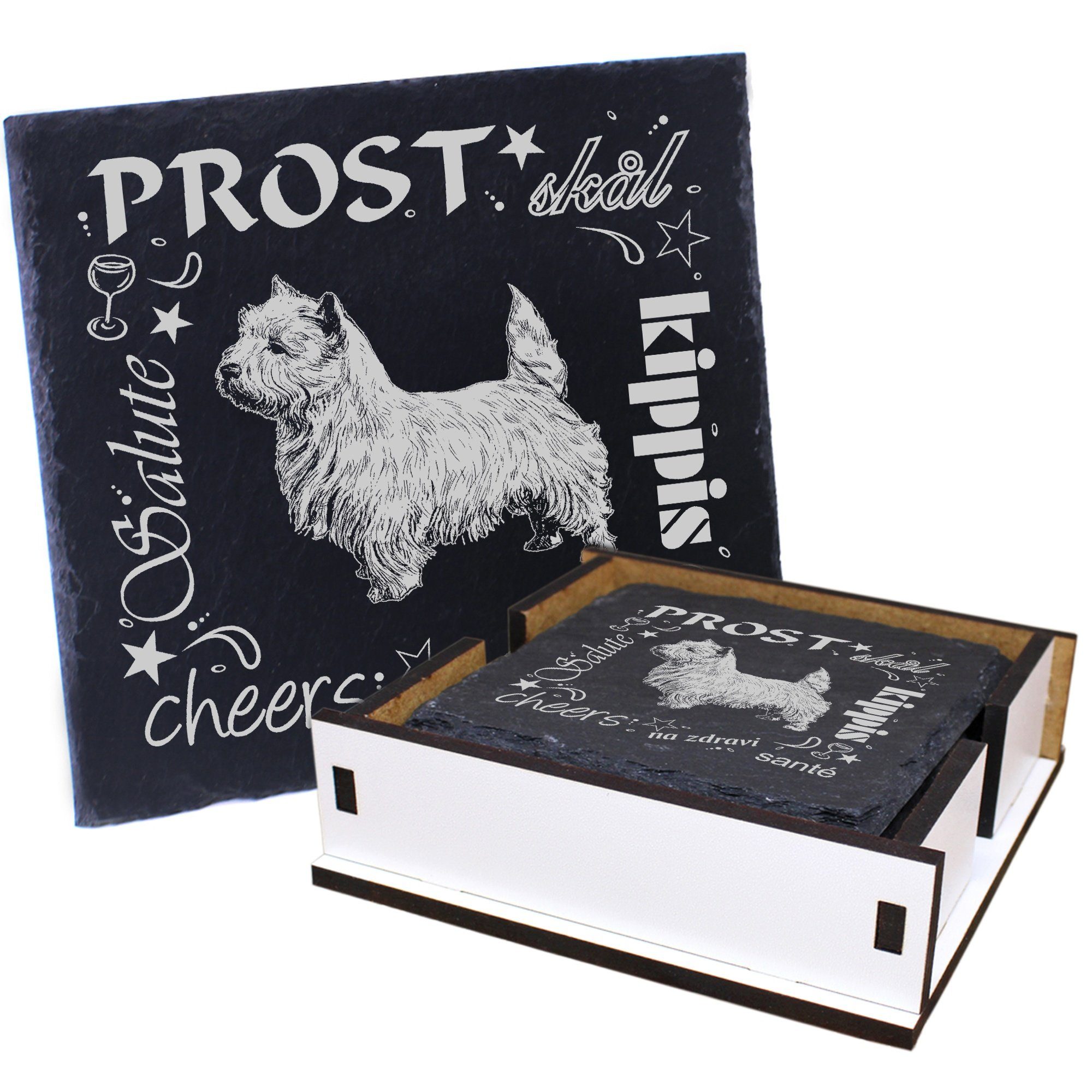 Dekolando Getränkeuntersetzer & - Box Prost White West inkl. 6-tlg. Terrier Flaschenuntersetzer, Highland