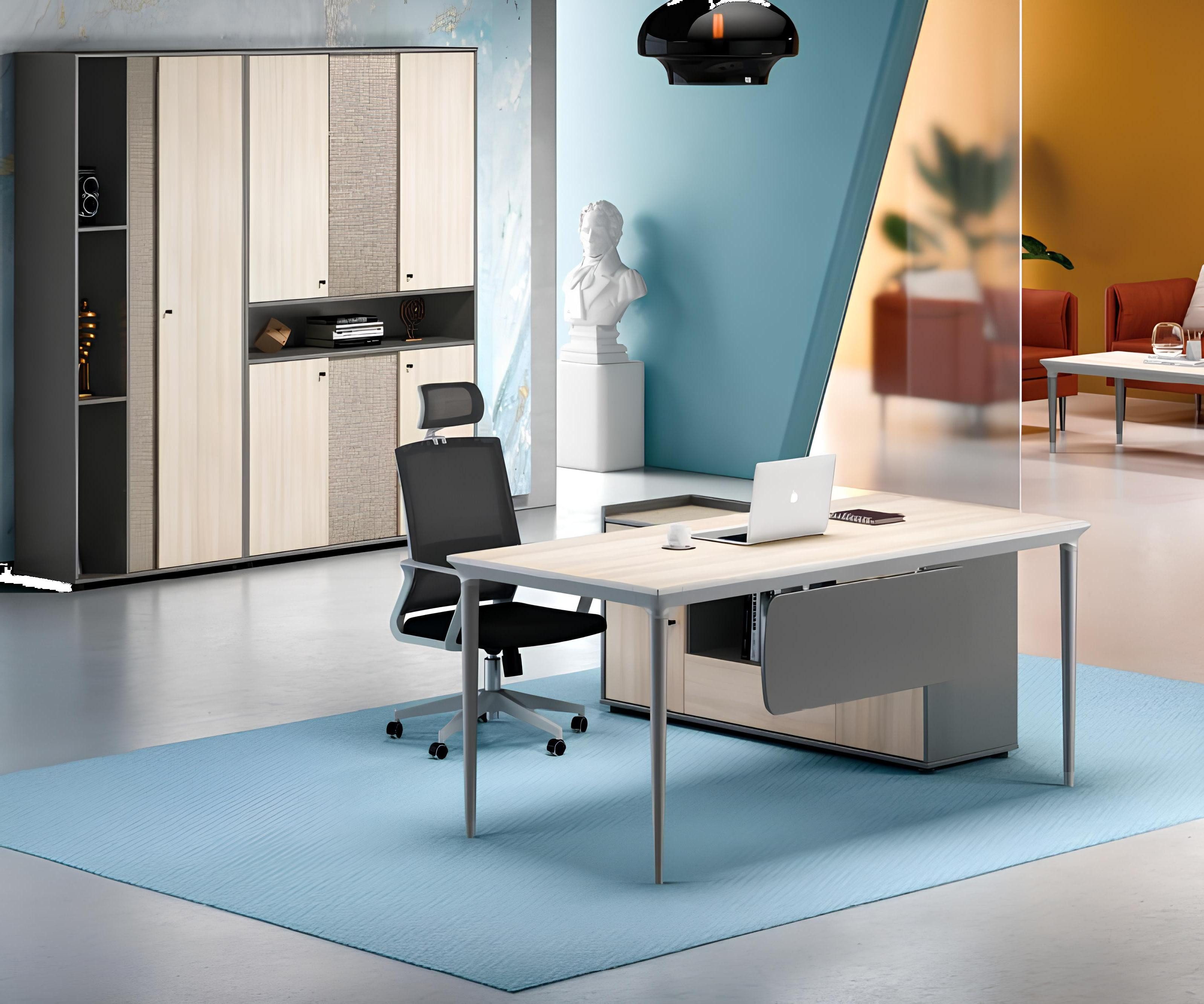 Schreibtisch Komplettbüro Arbeitszimmermöbel Set Grau Holz mit Büroschrank