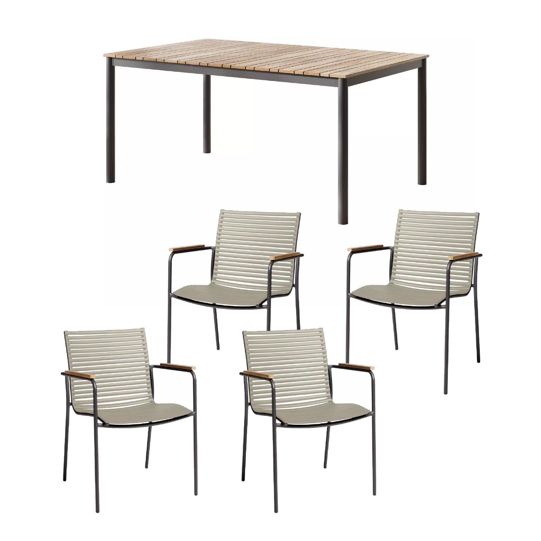 Cinas Garten-Essgruppe Mood Classic Gartenmöbel-Set, stapelbare Stühle, Tischplatte Teakholz, (5-tlg., Outdoor-Set), für 4 Personen, formstabile Kunststoff-Lamellen