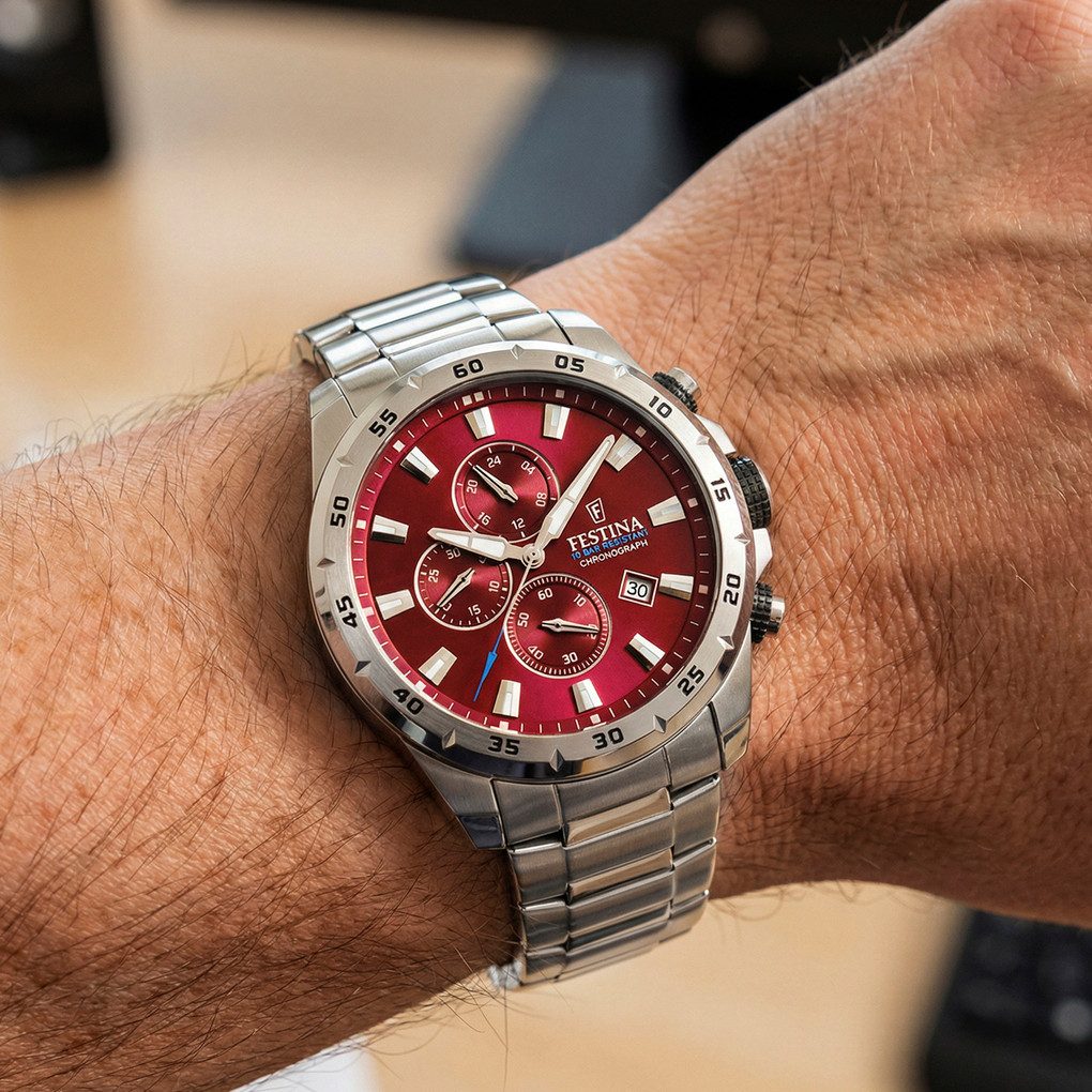 Festina Chronograph Herrenuhr F20463-5 Burgunderrot Edelstahlband 45 mm