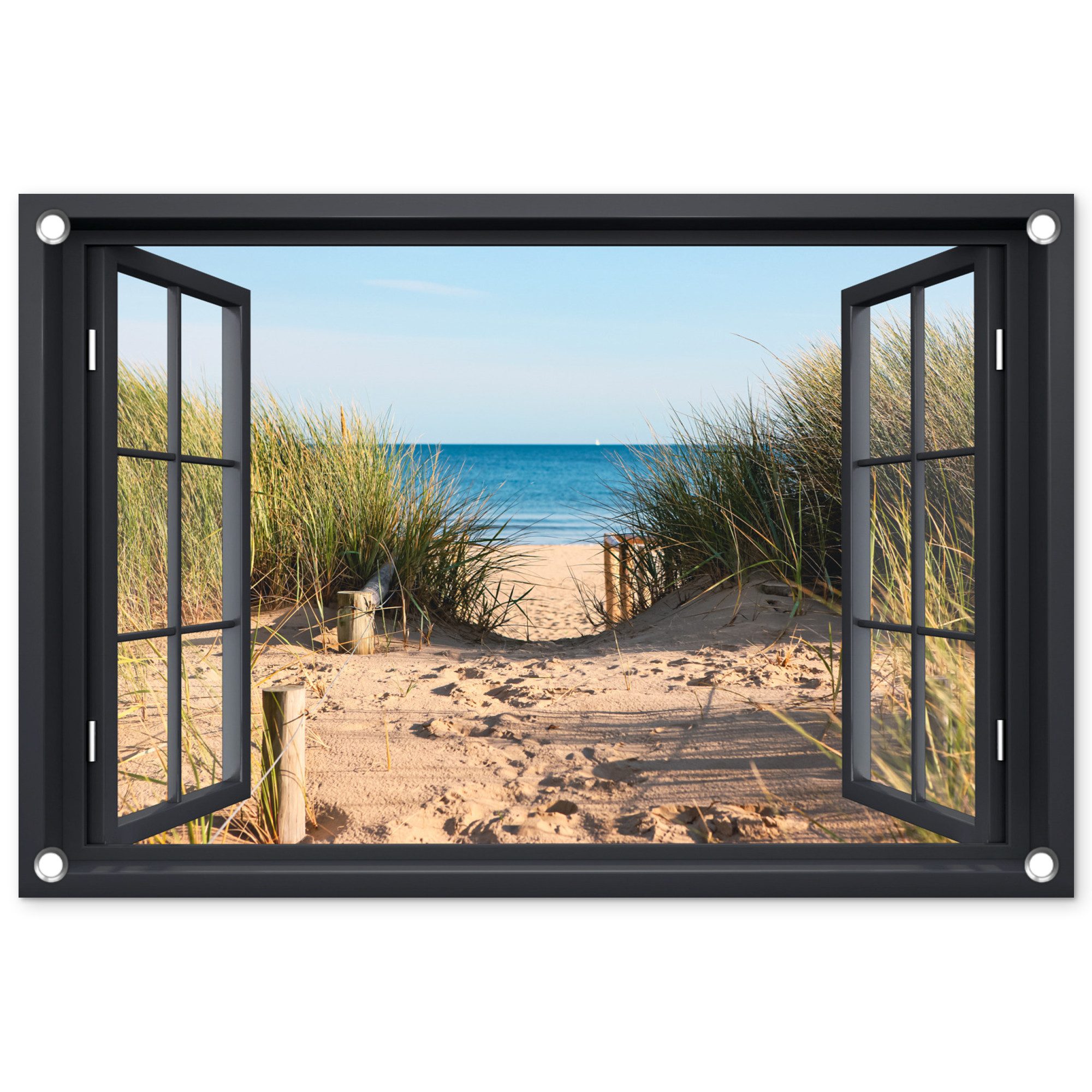 OnlyWow Poster für Garten Durchblick - Strand - Meer - Sand - Wasser - Strandhafer -, Gartenposter, Outdoor Bilder, Gartendekoration Bild, 60x40 cm