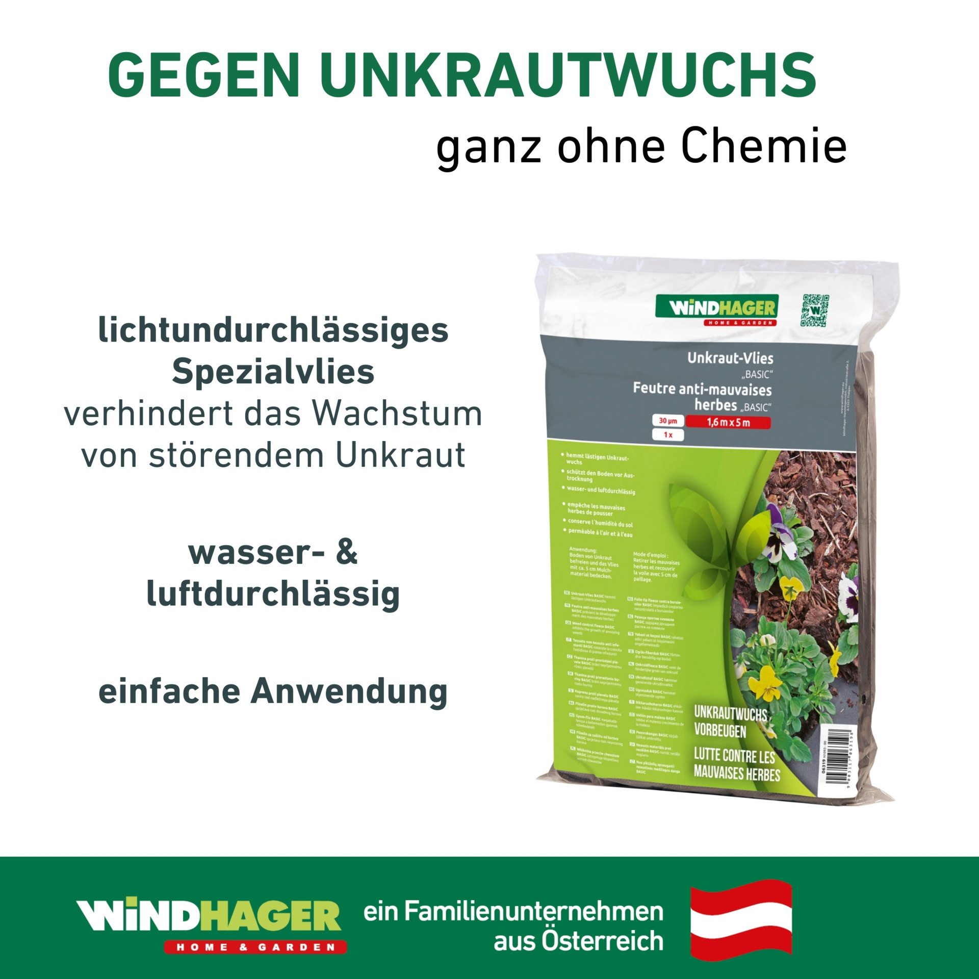 Windhager Unkrautvlies Basic, atmungsaktiver und wasserdurchlässiger Abdeckvlies, (1-St), Gartenfolie Wurzelsperre 5 x 1,6 m 30 g/m², schwarz