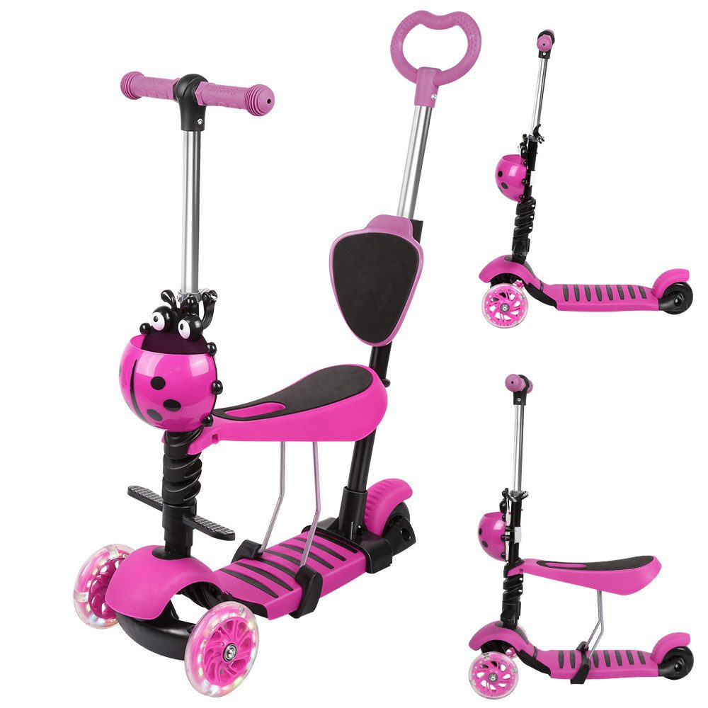 JEOBEST Scooter 3-in-1 Kinderroller mit Rückenlehne & Abnehmbarem Sitz, Höhenverstellbarer 3-Rad-Tretroller ab 2 Jahre