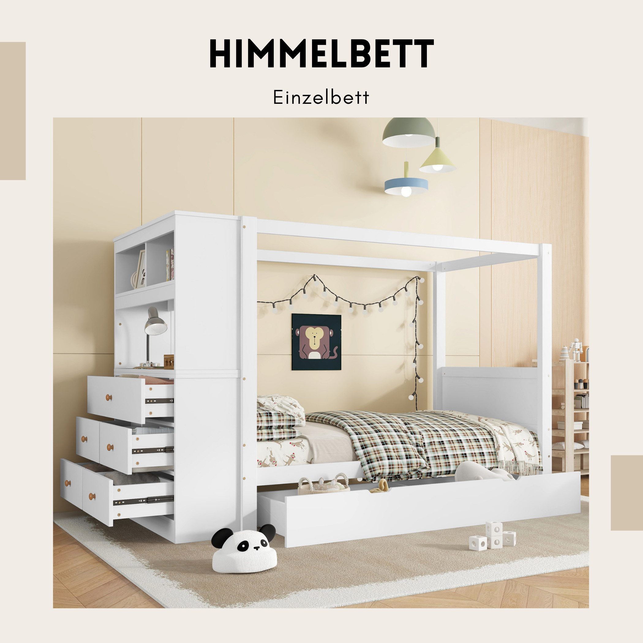 SeedWave Holzbett Mehrzweck Tagesbett Himmelbett mit Bettkästen, Bücherregal, 90×200cm, Kinderbett mit Aufbewahrungsschrank inkl. 5 Schubladen, offene Fächer