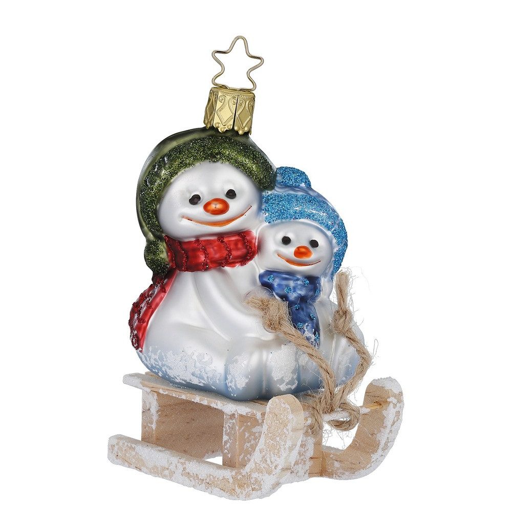 INGE-GLAS® Christbaumschmuck, Christbaumschmuck Schneemänner auf Schlitten 10,5cm Glas Figur
