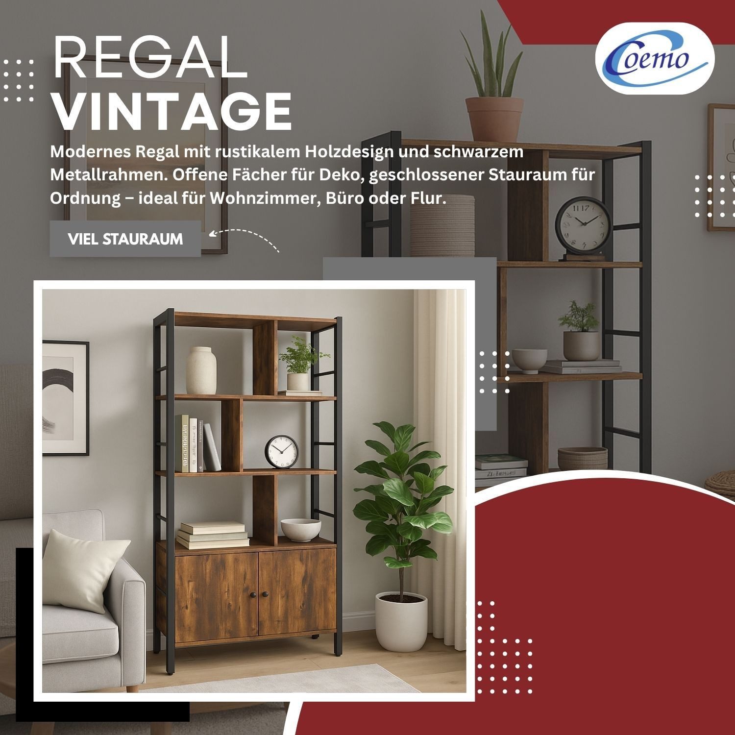 Mein-Regal Standregal VINTAGE, Standregal aus Metall mit 2 Türen Holz, 3 Ebenen, Stauraum Bücher Deko