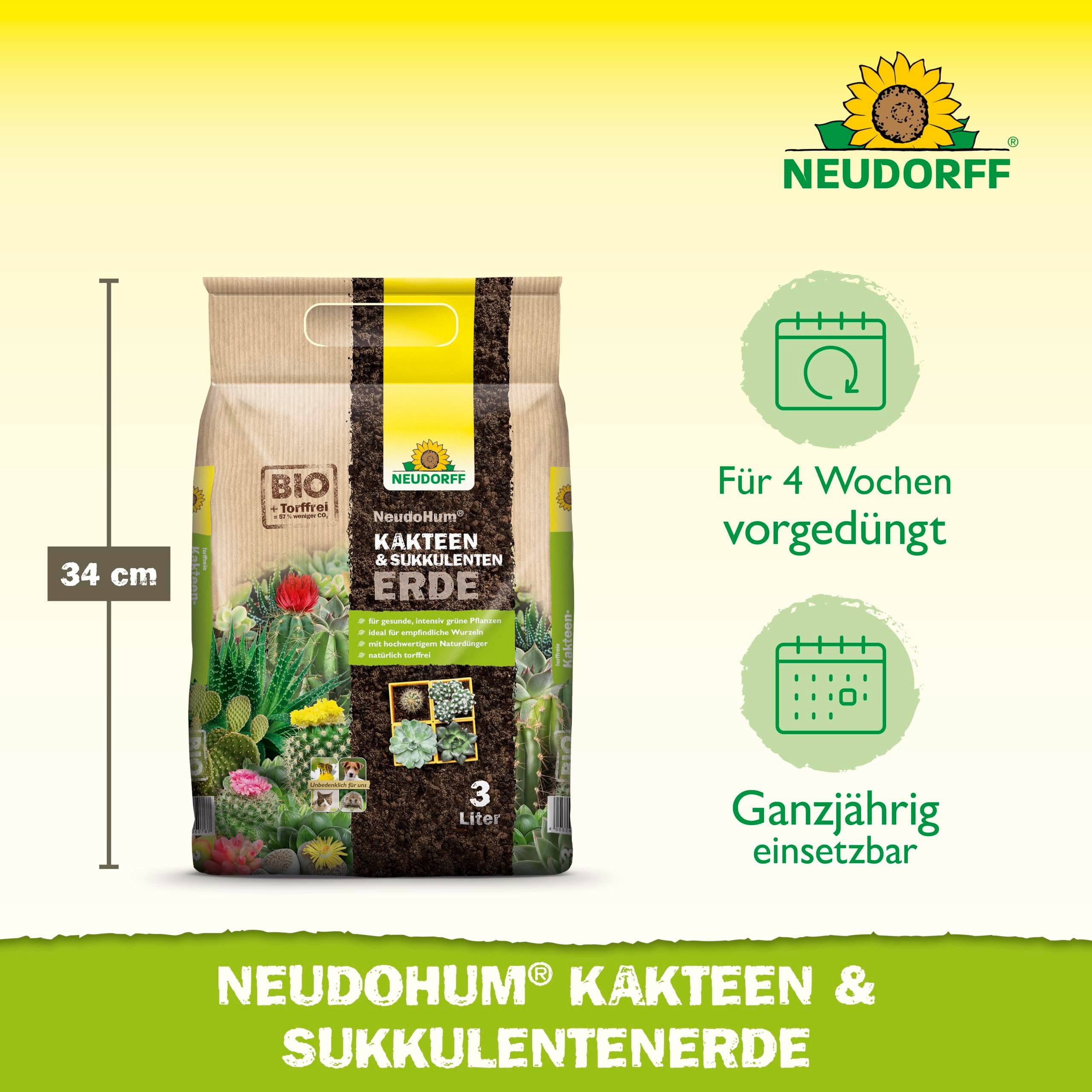 Neudorff Spezialerde NeudoHum Kakteen- & SukkulentenErde 3 Liter, mit Organischer Naturdünger, (Torffreie Kakteenerde für gesunde, intensiv grüne Kakteen und Sukkulenten), Torffreie Spezialerde für Kakteen, Sukkulenten und Bonsai.