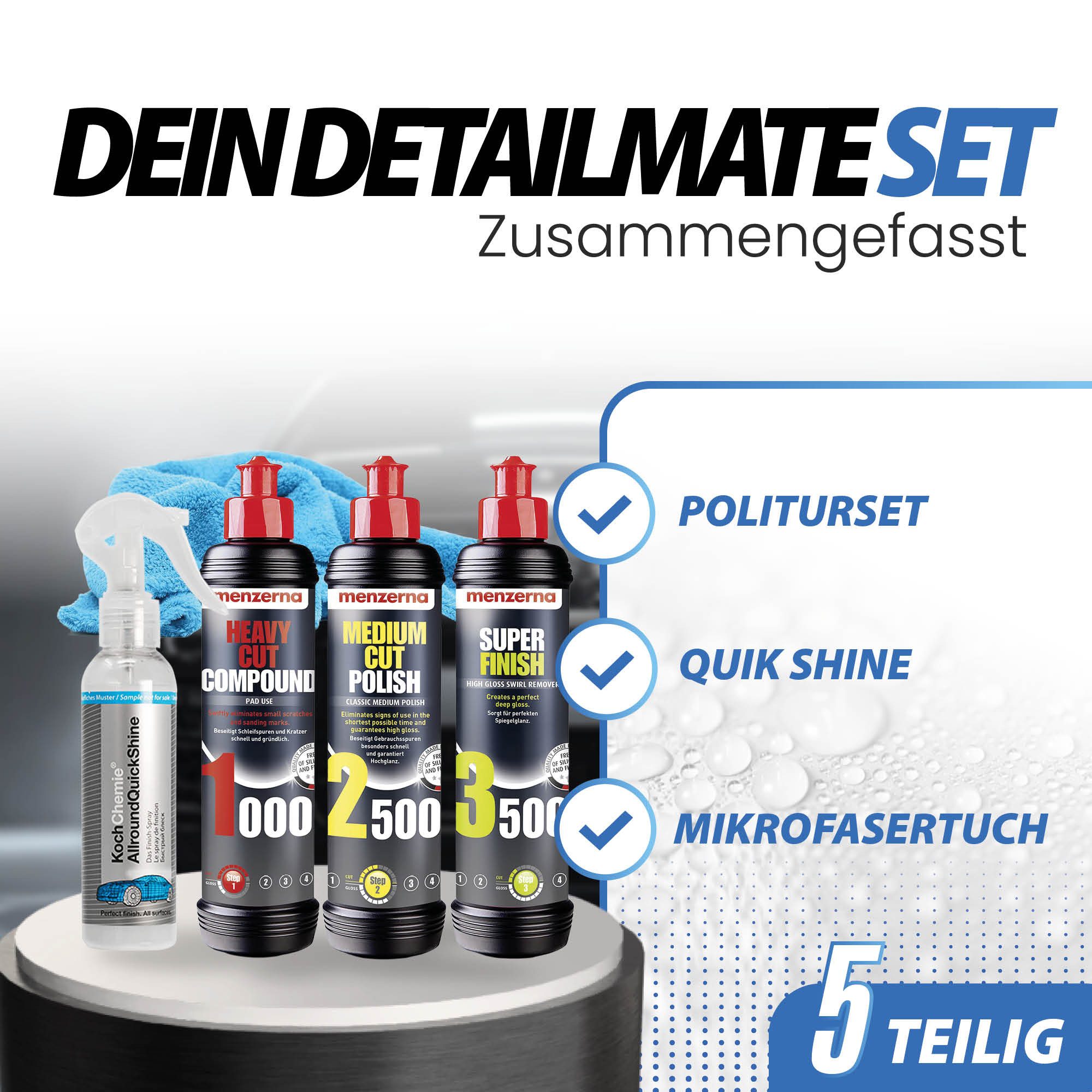 detailmate Menzerna Polituren + Pads + Mikrofasertücher Autopolitur (Set, Autopolitur Set), Politur + Mikrofasertücher + Detailer