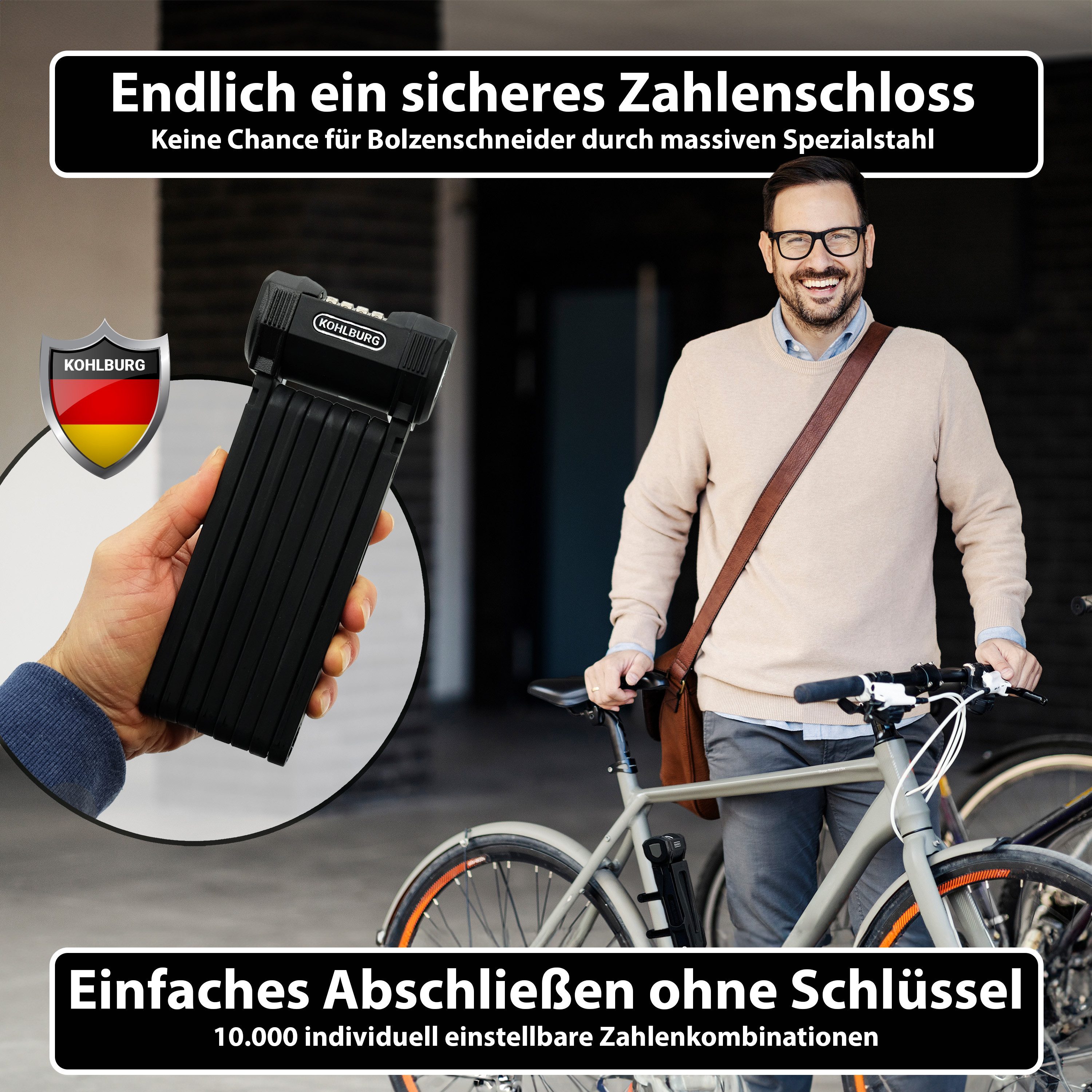 KOHLBURG Faltschloss Zahlenschloss [110cm lang & Bolzenschneider-sicher] Fahrrad & E-Bike, Sicherheitsschloss mit Zahlencode • Halterung • Fahrrad Zahlenschloss