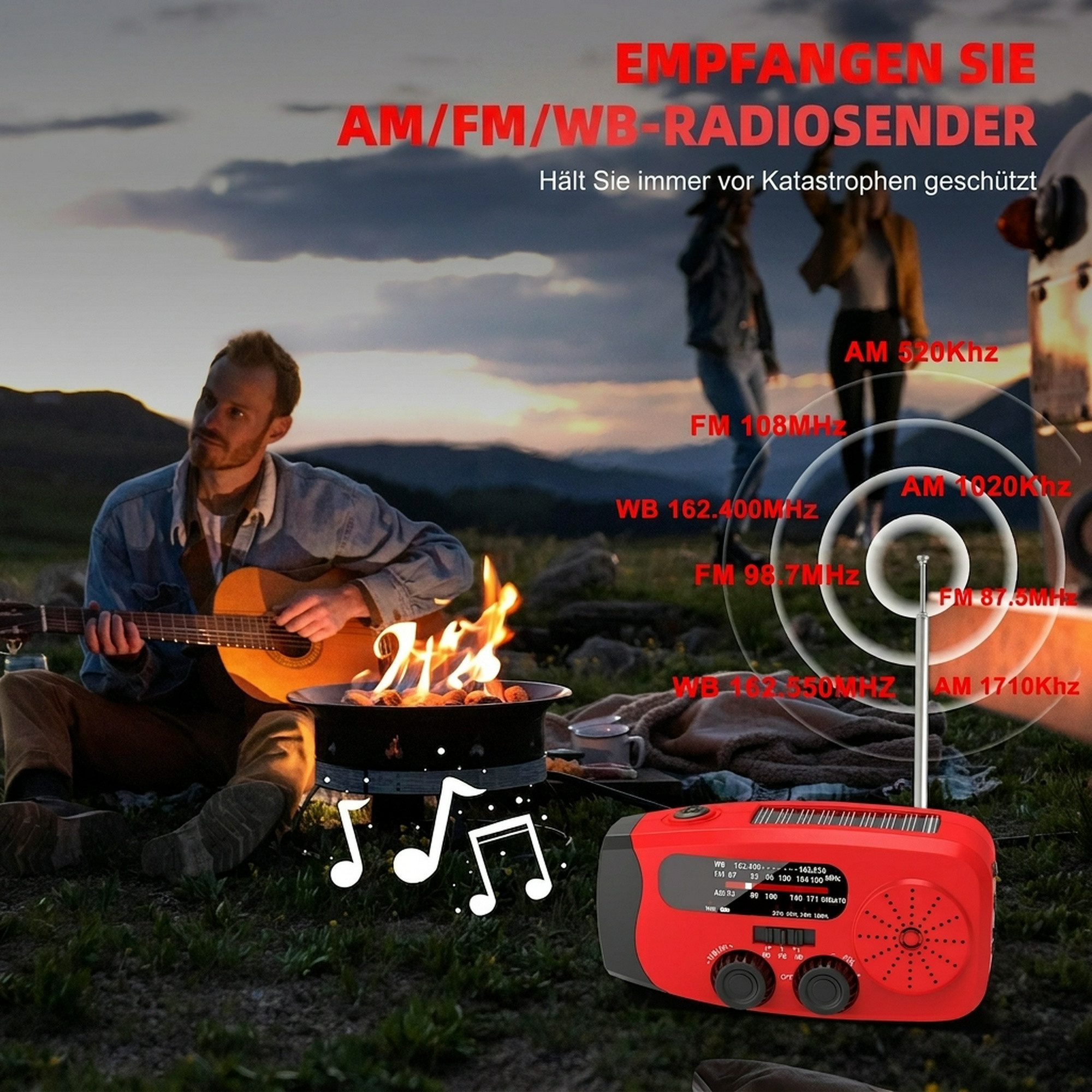Greadio Solar-Kurbelradio Rot, Tragbares AM/FM Notfallradio, 086S Radio (AM-Tuner, FM-Tuner, NOAA-Wetterradio (WB), 0,5 W, mit LED-Lampe & 2000mAh Akku)