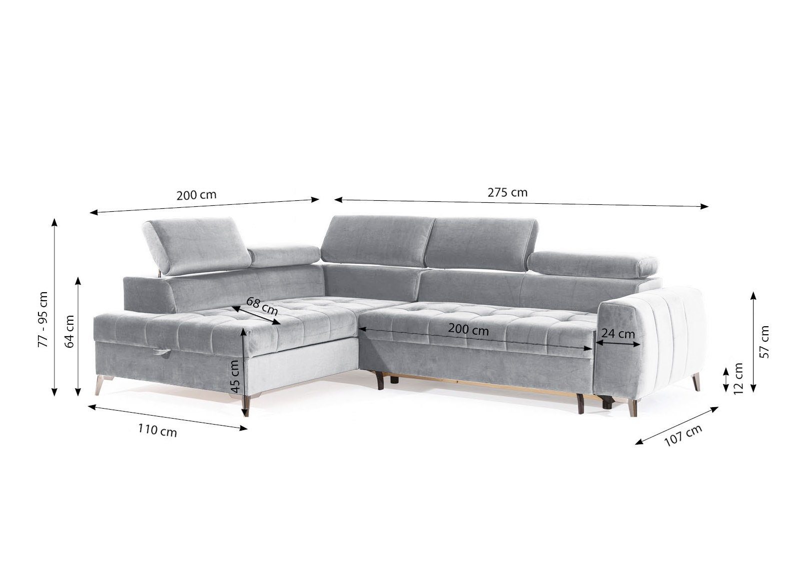 Fun Möbel Ecksofa Ecksofa Schlafsofa AGNESA mit Ottomane in Stoff, mit Schlaffunktion, einstellbare Kopfstützen