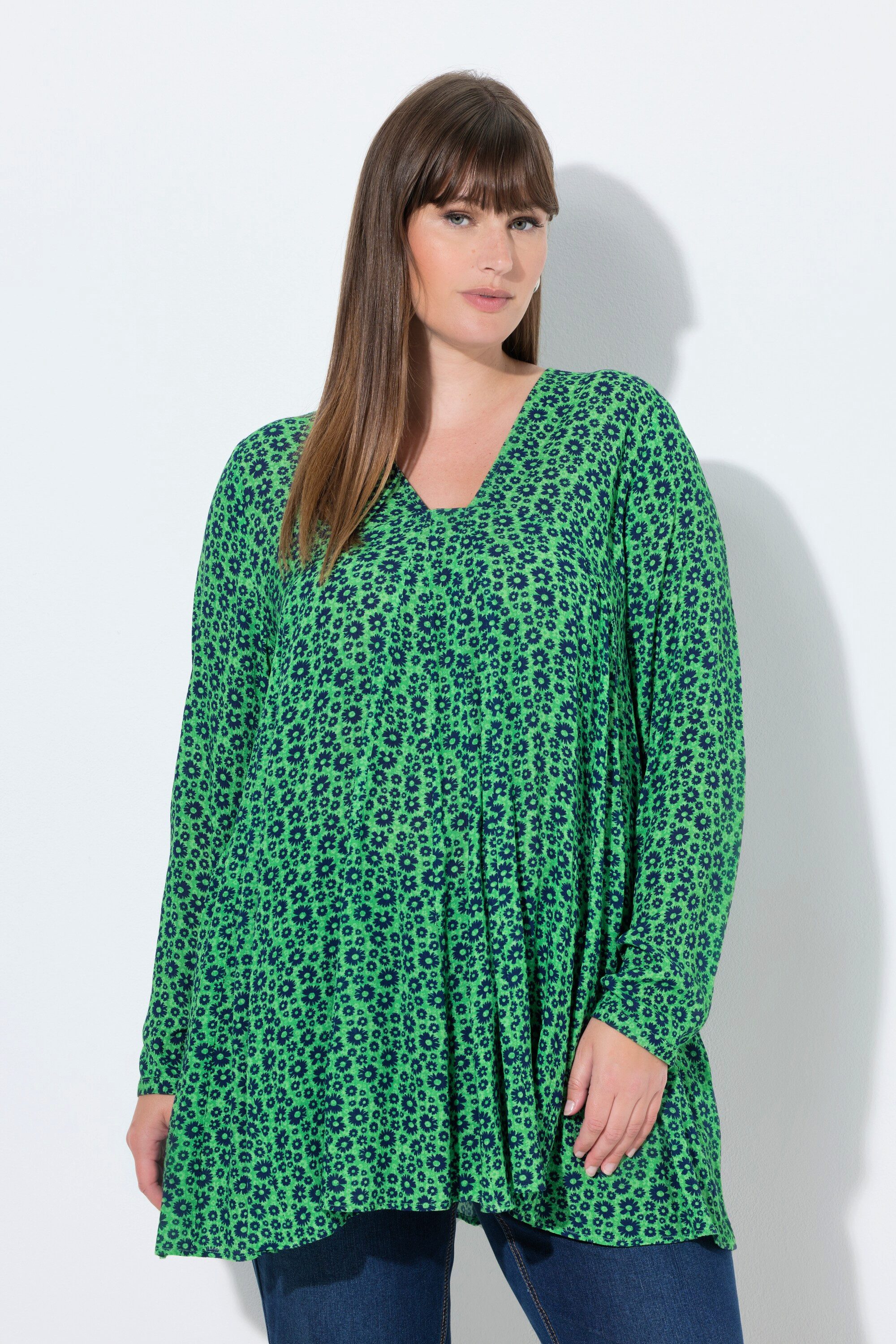 Ulla Popken Longbluse Bluse Blüten A-Linie Carré-Ausschnitt Langarm günstig online kaufen