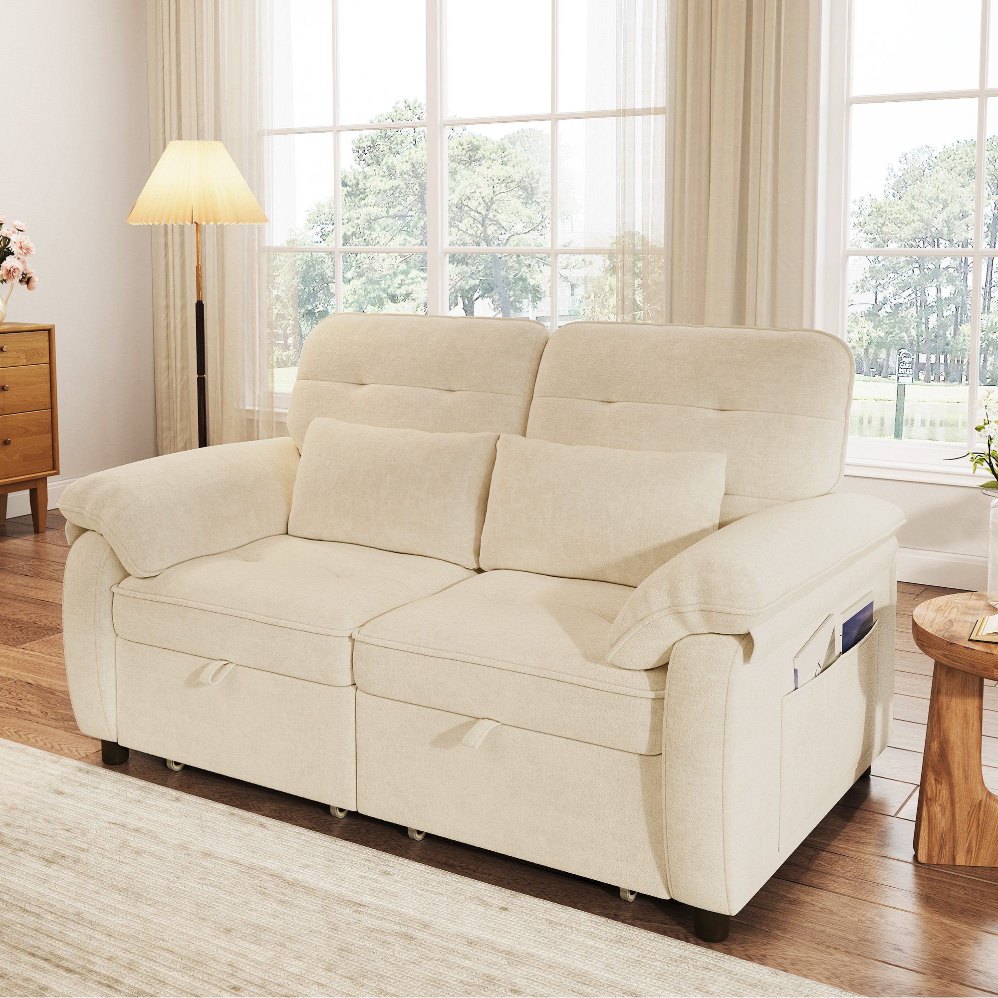 Merax Schlafsofa faltbar mit 3-fach verstellbarer Rückenlehne, Chenille, Sofabett Tagesbett Sofa 1 Teile, 3-in-1 Doppelschlafsofa mit Seitentasche, 2 Kissen & USB-Anschluss