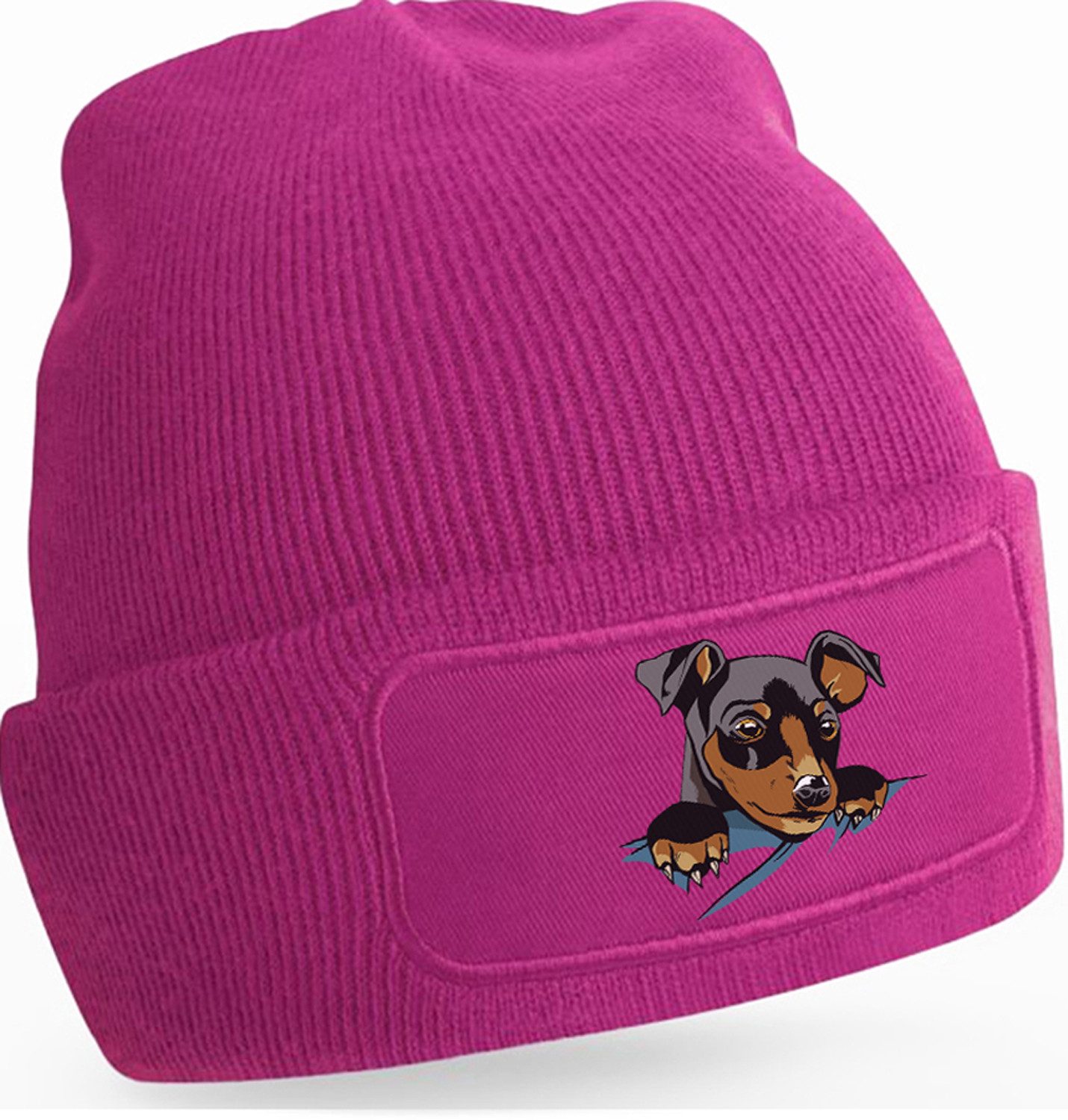 Strickmütze für kalte Tage - Beanie mit Umschlag und Hunde Print