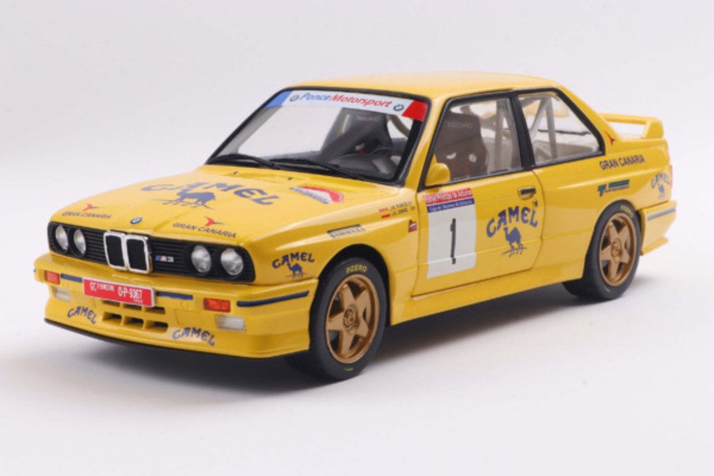 Modellauto BMW E30 M3 GR.A #1 Rallye Principe de Asturias 1992 gelb Ponce Deniz