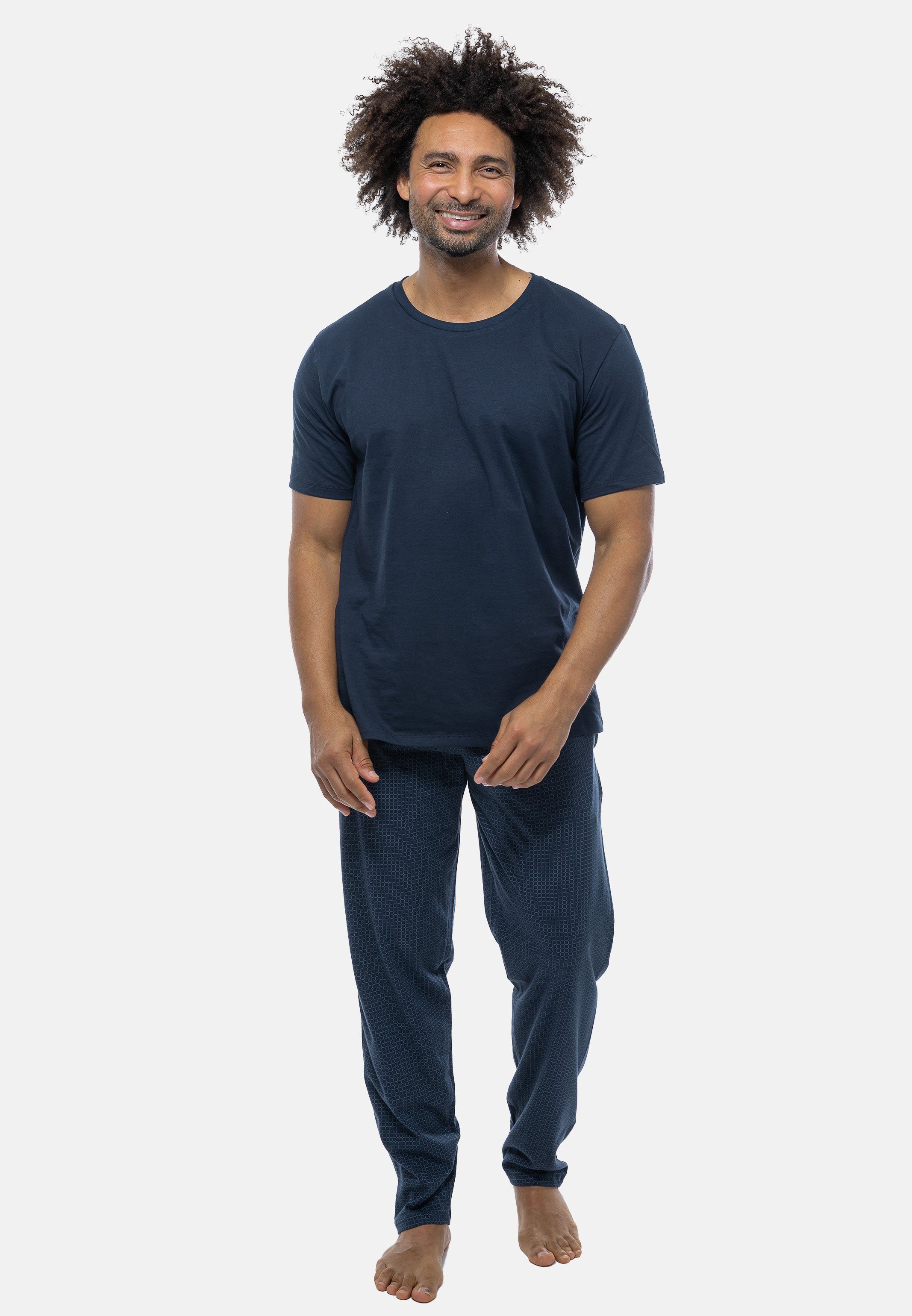 Rundhals-Ausschnitt Baumwolle 2 Schlafanzug Schiesser - (Set, Blau tlg) Kurzarm-Shirt - gemustert mit Mix Pyjama