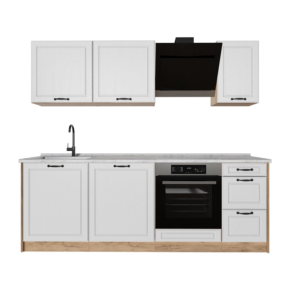 Vicco Küchenzeile R-Line, Weiß Landhaus/Goldkraft Eiche, 220 cm Arbeitsplatte Marmor