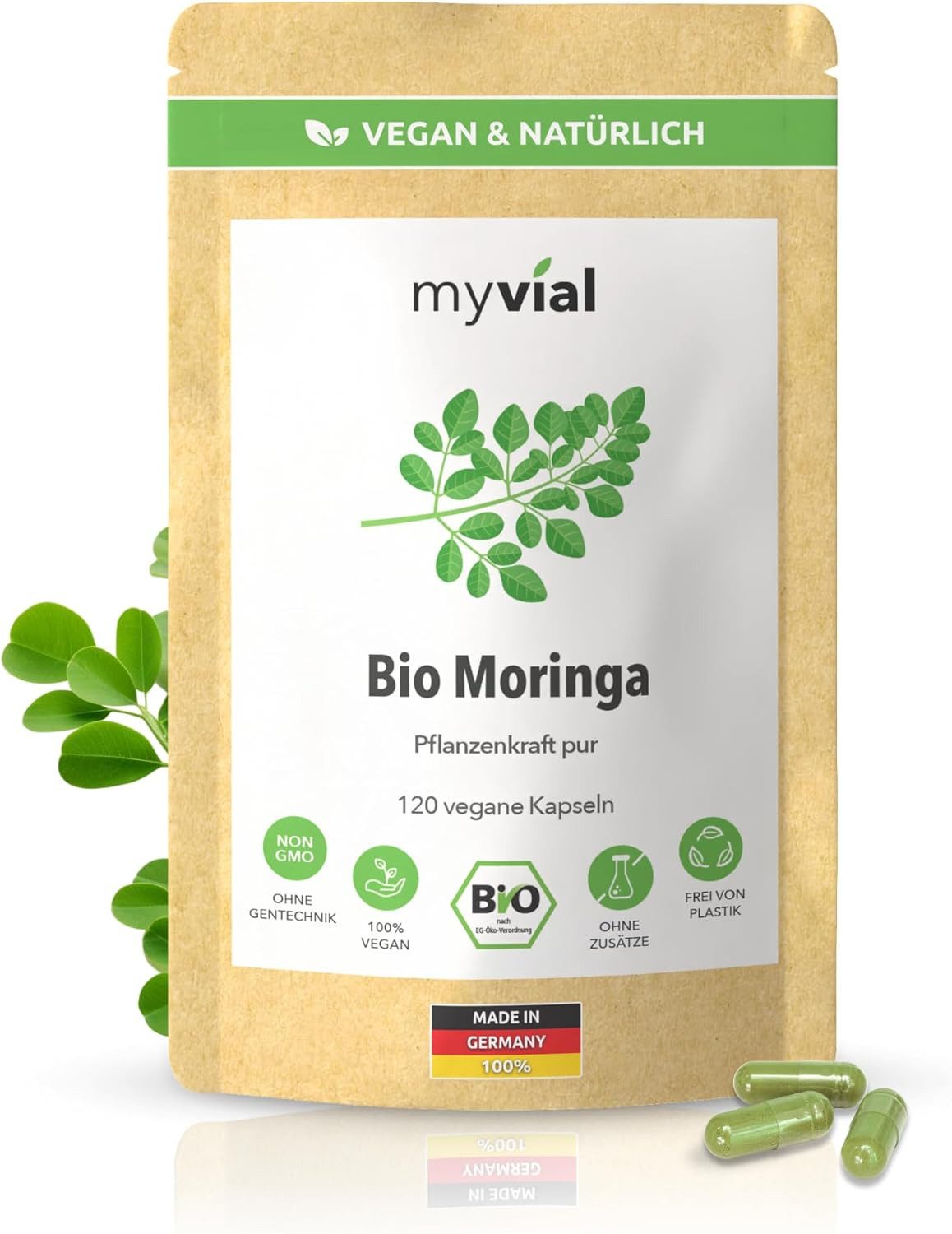 myvial Hochdosierte Bio Moringa Kapseln - 400 mg - fein gemahlenes Pulver Kapseln, vegane Kapseln, Blattpulver aus Moringa Oleifera à 120 St., plastikfrei verpackt, 60 Tage Vorrat, höchste Qualität