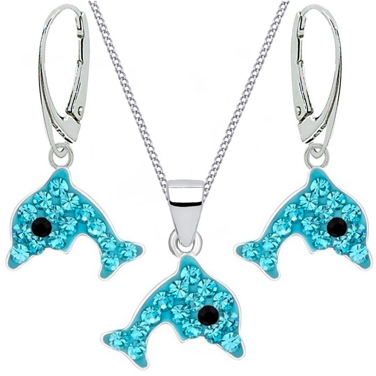Schmuckset Schmuckset Kristall Delfin Brisur Ohrringe Anhänger Kette 925 Silber