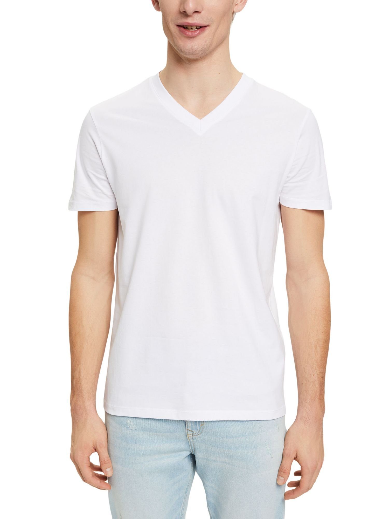 Esprit T-Shirt WHITE Fit Baumwolle T-Shirt V-Ausschnitt, (1-tlg) Slim aus mit
