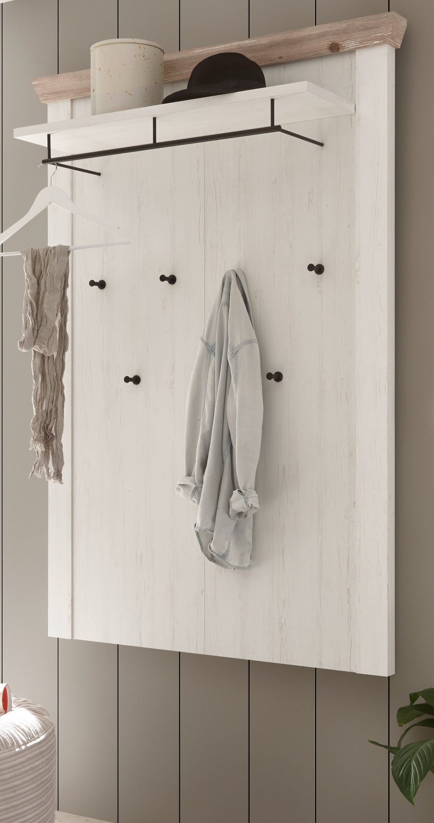 Furn.Design Garderobenpaneel Rovola (Wandgarderobe in Pinie weiß, 107 x 153 cm), mit breiter Kleiderstange