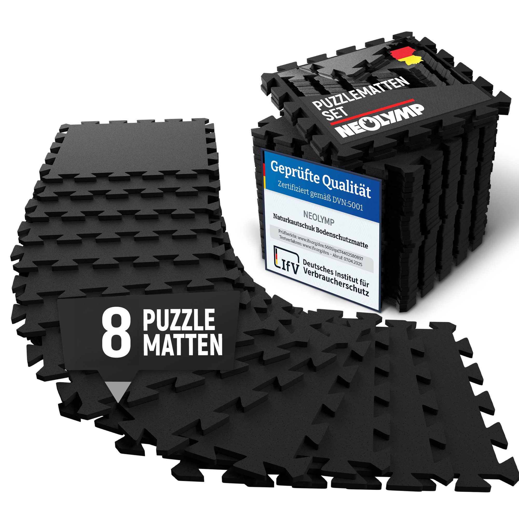 NEOLYMP Bodenmatte Robuste Bodenschutzmatte - Fitness - Schutzmatte Boden - Fitnessmatte (8 Puzzlestücke inkl. Randteile, 8 Schutzmatten Boden inklusive Randstücke - Puzzletechnik Sportmatte), Schützt Fußboden, Naturkautschuk, Studioqualität, Anti-Rutsch