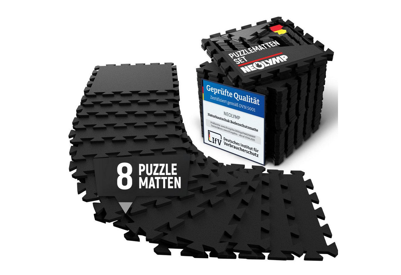 NEOLYMP Bodenmatte Robuste Bodenschutzmatte - Fitness - Schutzmatte Boden - Fitnessmatte (8 Puzzlestücke inkl. Randteile, 8 Schutzmatten Boden inklusive Randstücke - Puzzletechnik Sportmatte), Schützt Fußboden, Kautschuk, Studioqualität, Anti-Rutsch