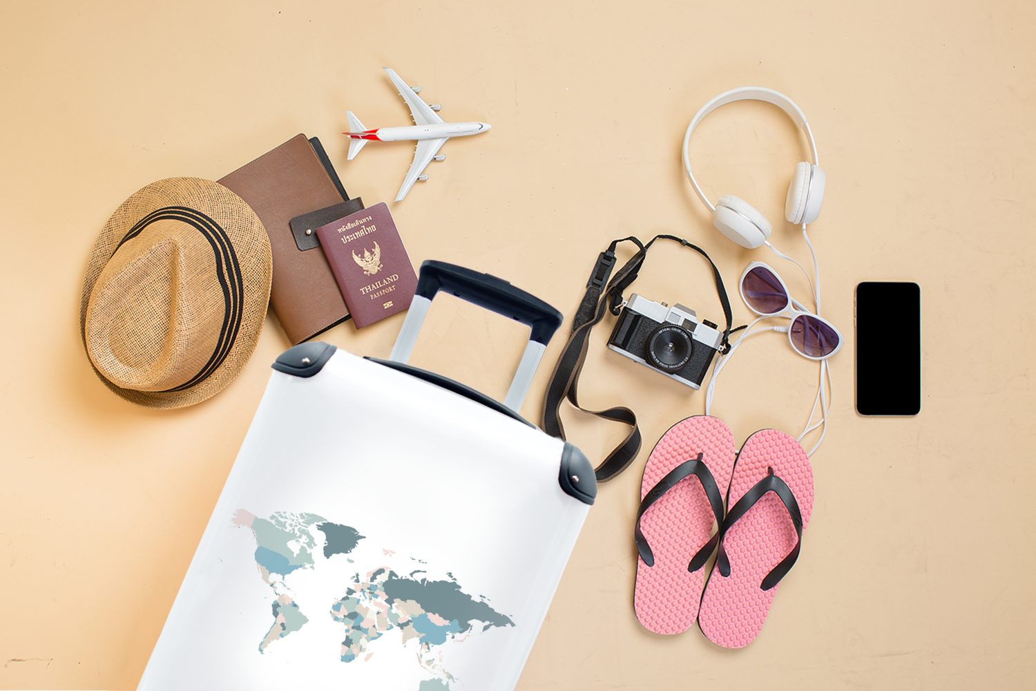 mit rollen, Ferien, 4 Länder, Trolley, Pastell Handgepäck für Weltkarte Reisetasche MuchoWow Reisekoffer Handgepäckkoffer Rollen, - -