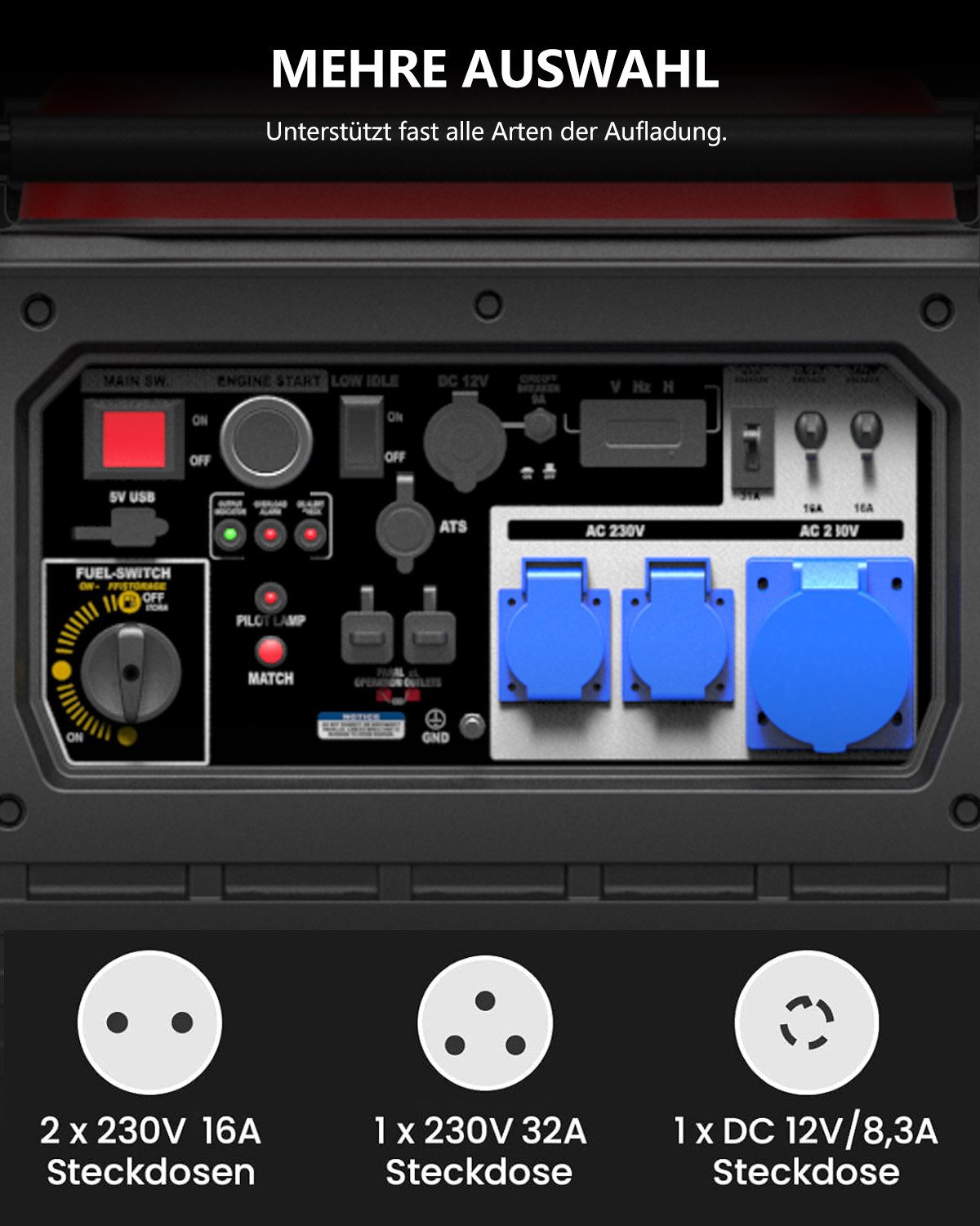 A-iPower SC8000i generator, 7.5 kW (petrol-powered generator, emergency power supply, 4-stroke engine, quiet, ATS available), with 230V 16A / 32A sockets