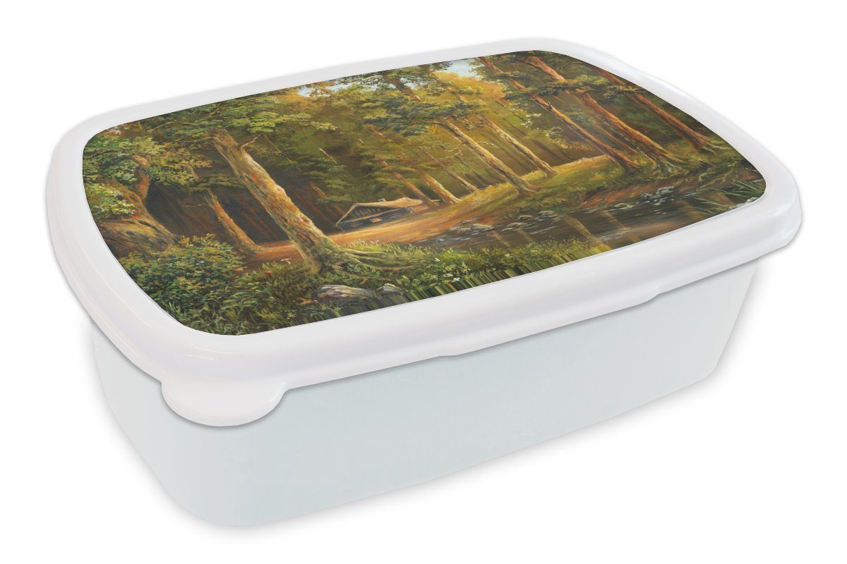 MuchoWow Lunchbox Eine Illustration einer Hütte in einem Wald, Kunststoff, (2-tlg), Brotbox für Kinder und Erwachsene, Brotdose, für Jungs und Mädchen weiß