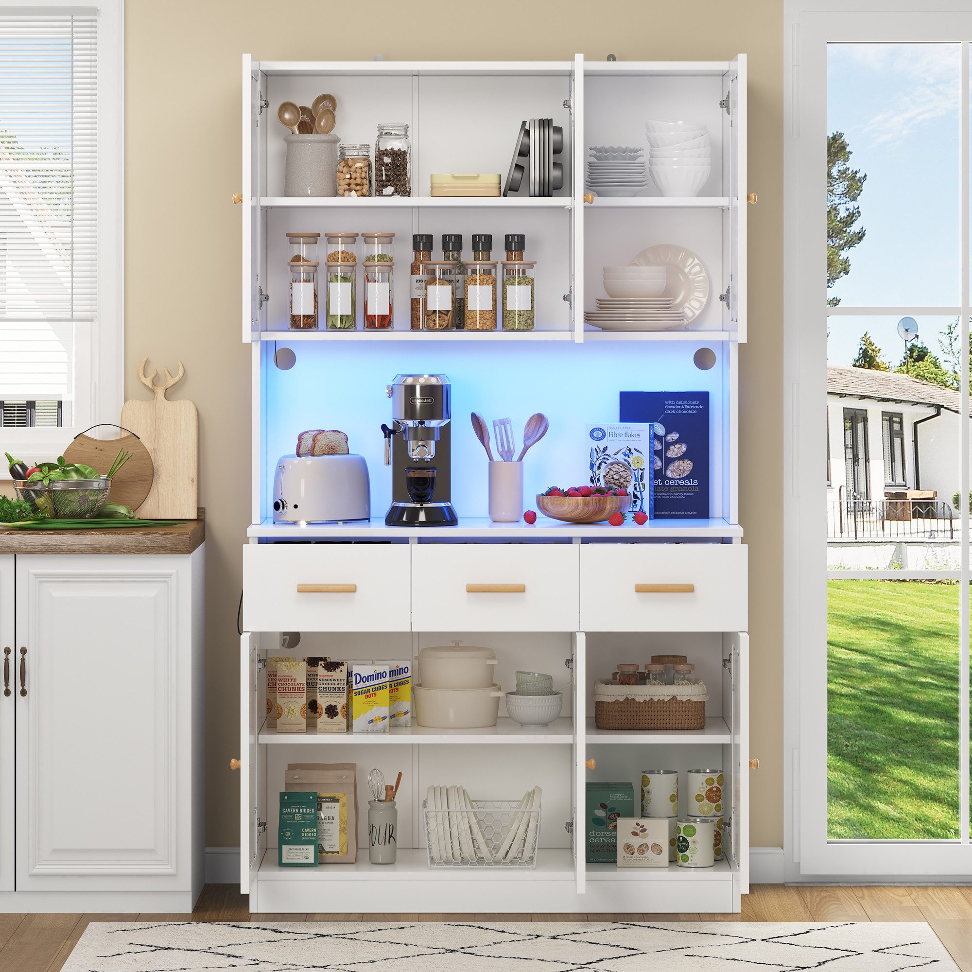 Flieks Küchenbuffet Hochschrank mit LED-Beleuchtung, Steckdosen und USB-Ans günstig online kaufen