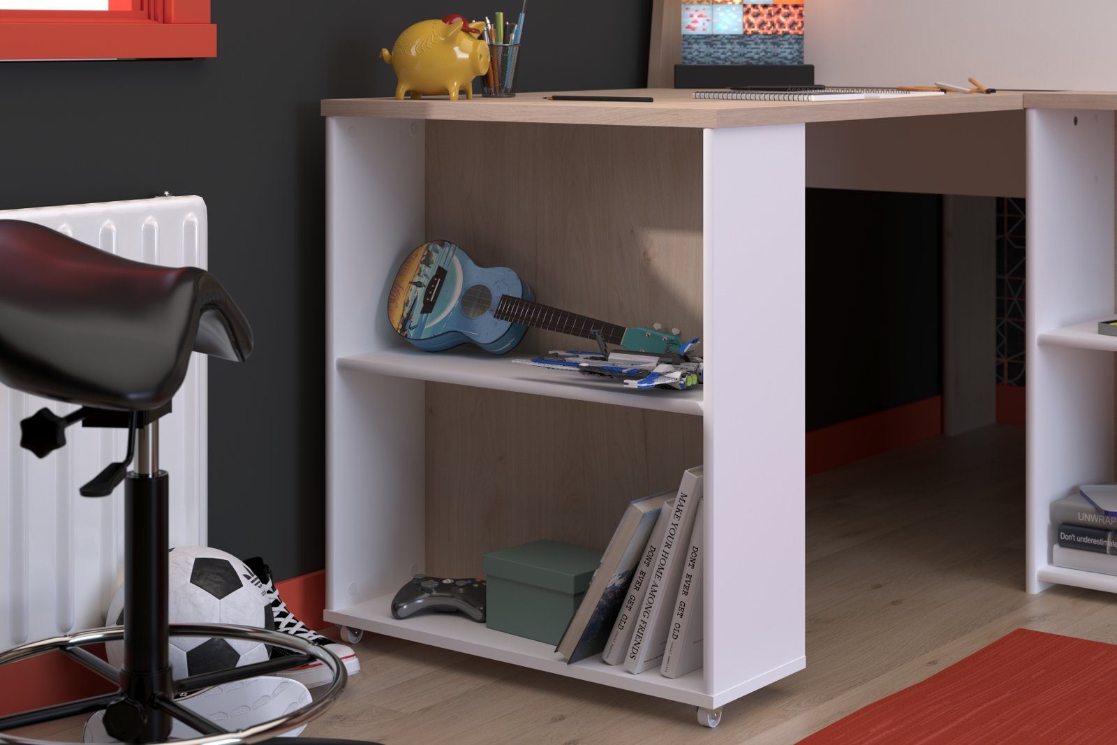 Parisot Hochbett Lukas (Stauraumbett in weiß und Eiche, 90 x 200) mit Schreibtisch, kein Lattenrost erforderlich