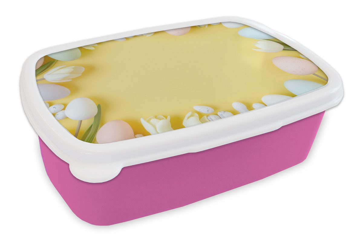 MuchoWow Lunchbox Tulpen - Eier - Pastellfarben - Gelb, Kunststoff, (2-tlg), Brotdosen, Lunch Box, Brotbox für Kinder und Erwachsene
