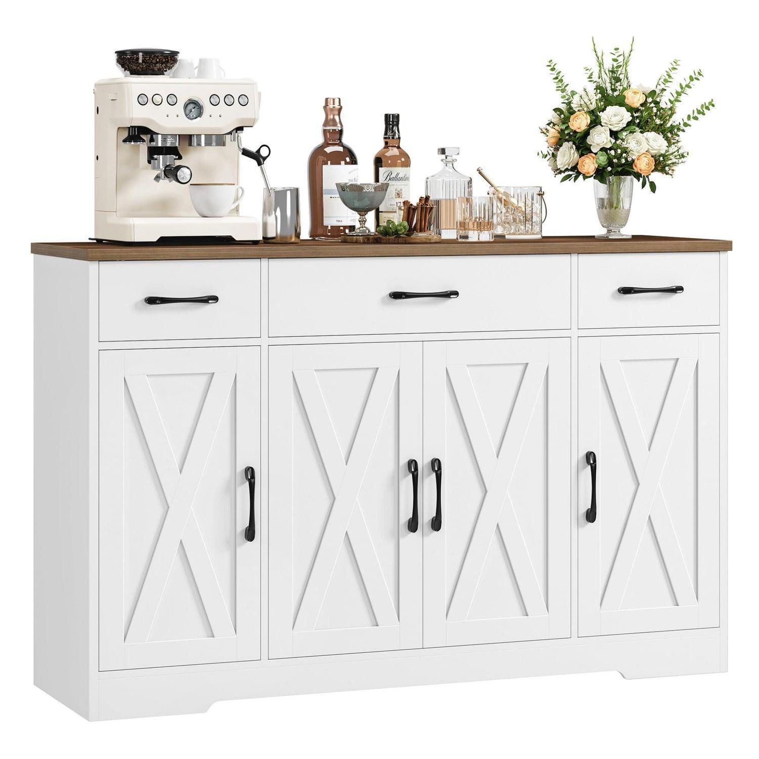 LuxusKollektion Küchenbuffet Sideboard 140 cm Küchenschrank 3 Schubladen 4 Türen Regale Weiß