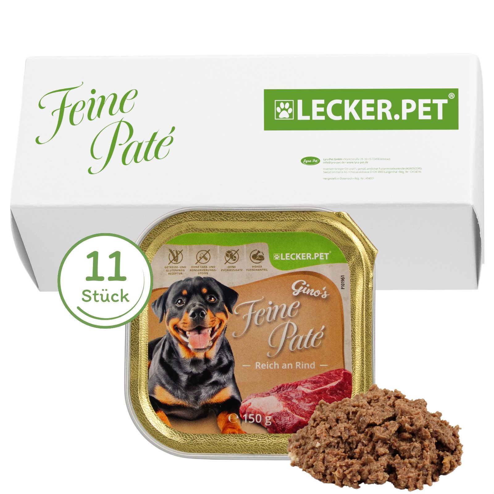 Lecker.Pet 11 x 150 g Lecker.Pet® Gino's Feine Paté Reich an Rind Hundefutter Rind, 11St.