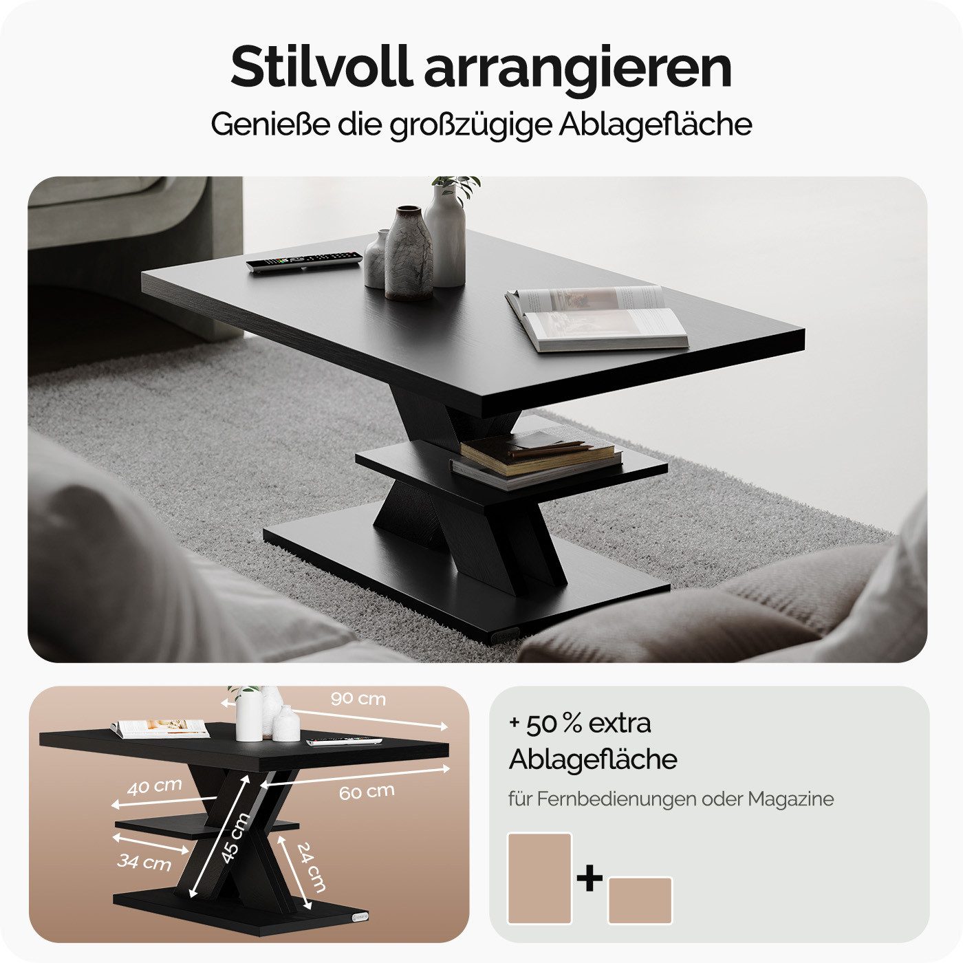 Casaria Couchtisch Detroit, Holz 2 Ablagen 90x60cm Modern Eckig Kratzfest Schwarz