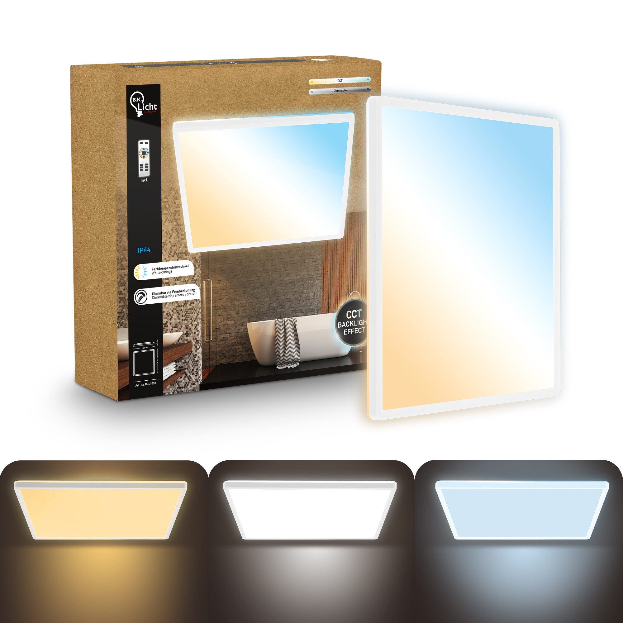 B.K.Licht LED Panel Deckenleuchte Wohnzimmer Flach Fernbedienung CCT Dimmbar IP44, LED fest integriert, CCT-Farbtemperatursteuerung, Badlampe, Badezimmer, Küche, Wohnzimmer