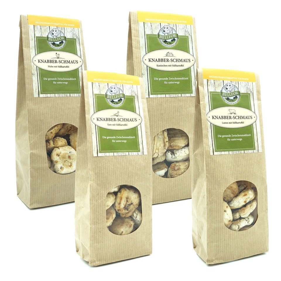 Bellfor Hundekekse Knabber-Schmaus Set: Huhn, Ente, Kaninchen, Lamm je 100g, Snack für: Hunde, 4-teilig, getreidefrei, glutenfrei, 30 % Fleisch