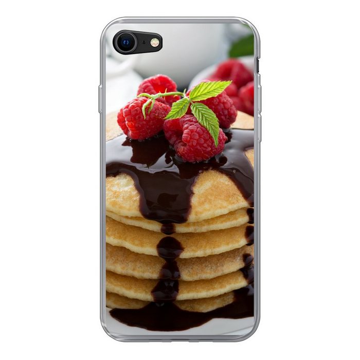 MuchoWow Handyhülle Die Schokoladensauce fließt von den Pfannkuchen Handyhülle Apple iPhone SE (2020) Smartphone-Bumper Print Handy