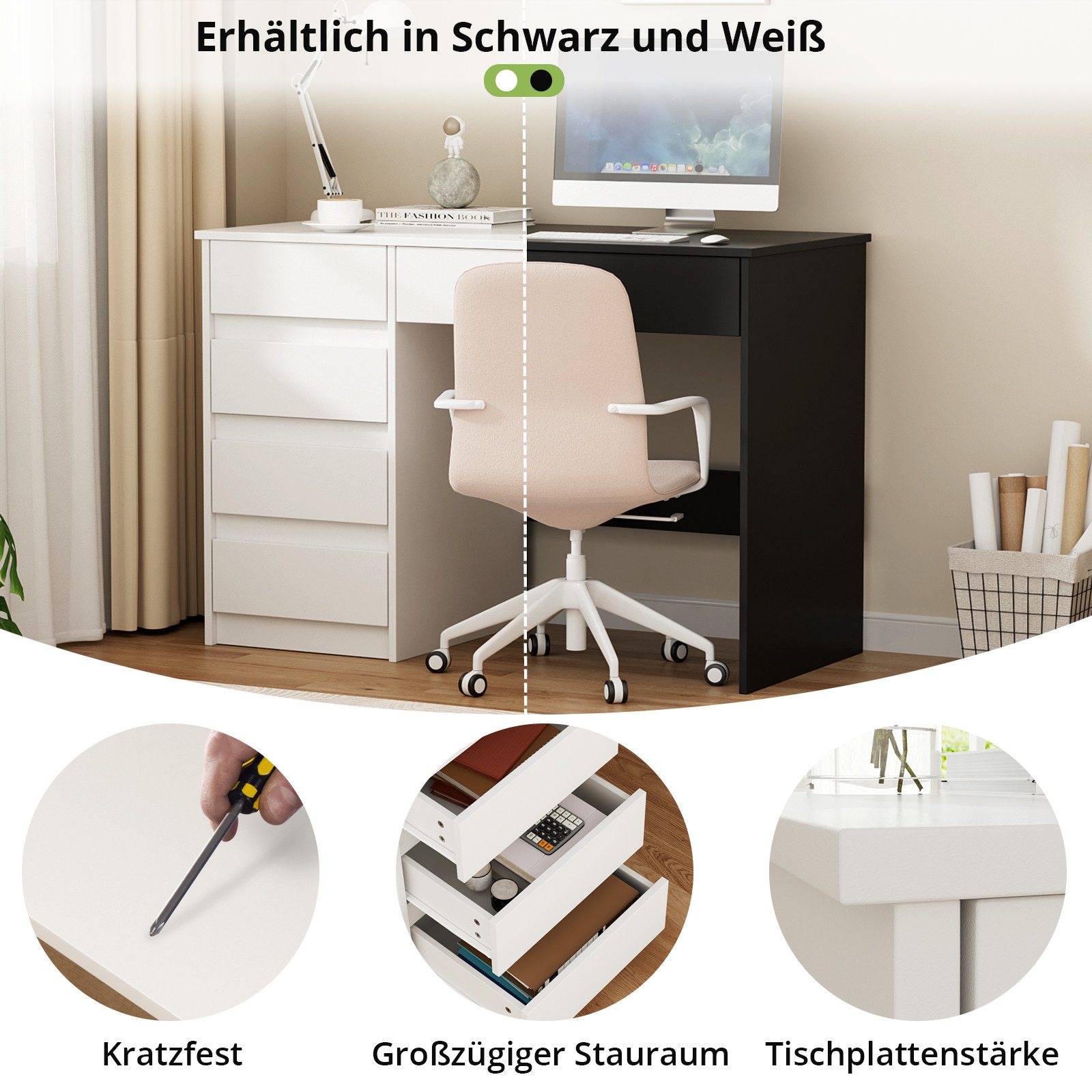 VOWNER Schreibtisch mit 5 Schubladen, modernes einfaches Studier- und PC-Tisch (1-St), Für kleines Raum & Heimbüro – Abmessungen: 110x50x75 cm