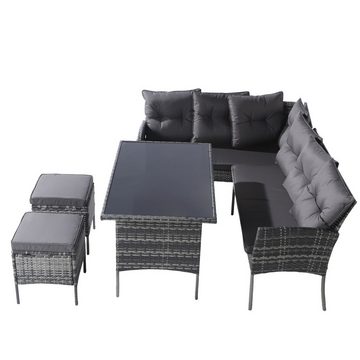 PHOEBE CAT Gartenlounge-Set, (Gartenmöbel, 5-tlg., 1x 5-Sitzer Sofa, 2x Hocker, 1xTisch, 144x195x78cm, Polyrattan), Sitzgruppe Essgruppe mit Kissen, Stahl, Tischplatte aus Glas