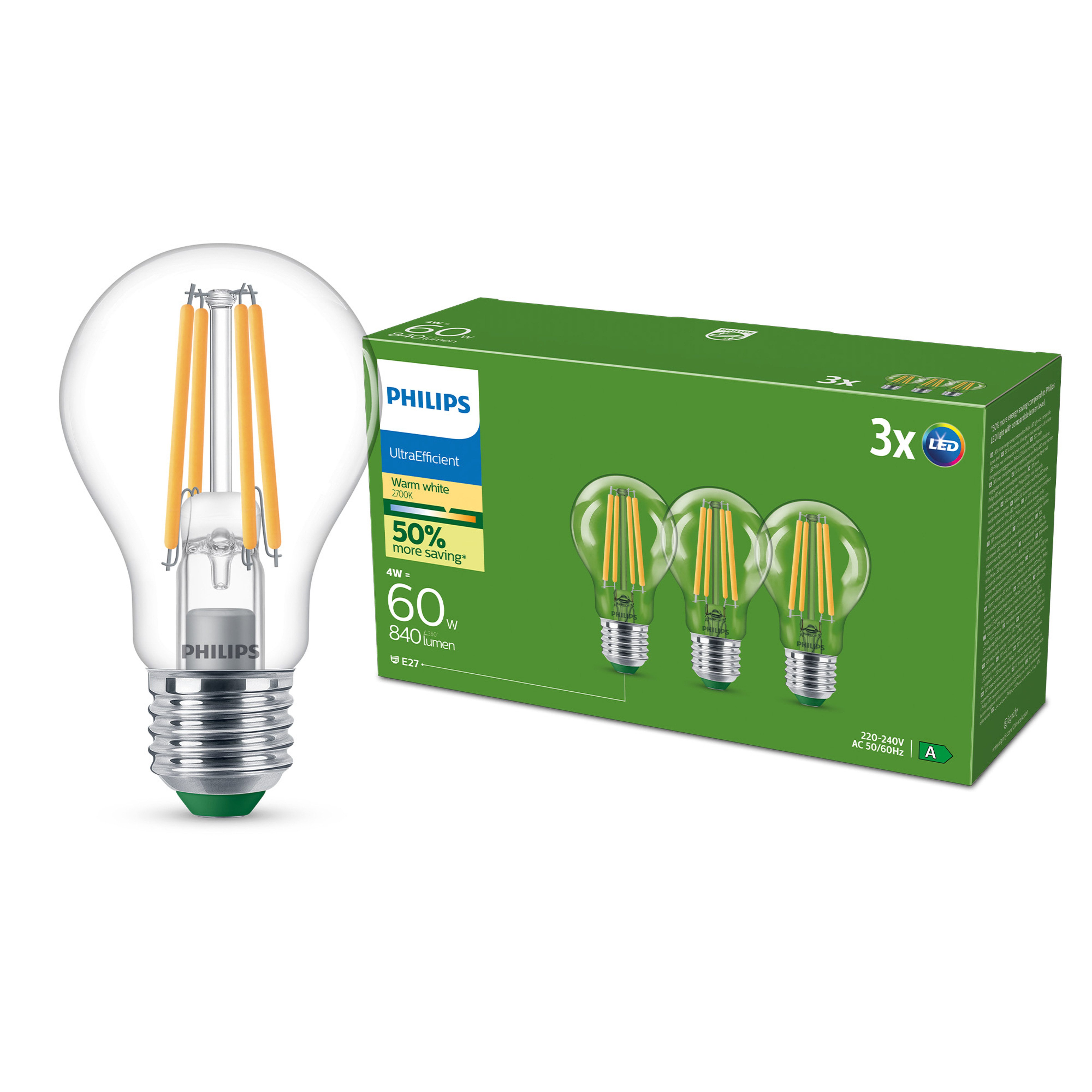Philips LED-Leuchtmittel Ultra Efficient 60W A60 2700K, E27, 3 St., Warmweiß