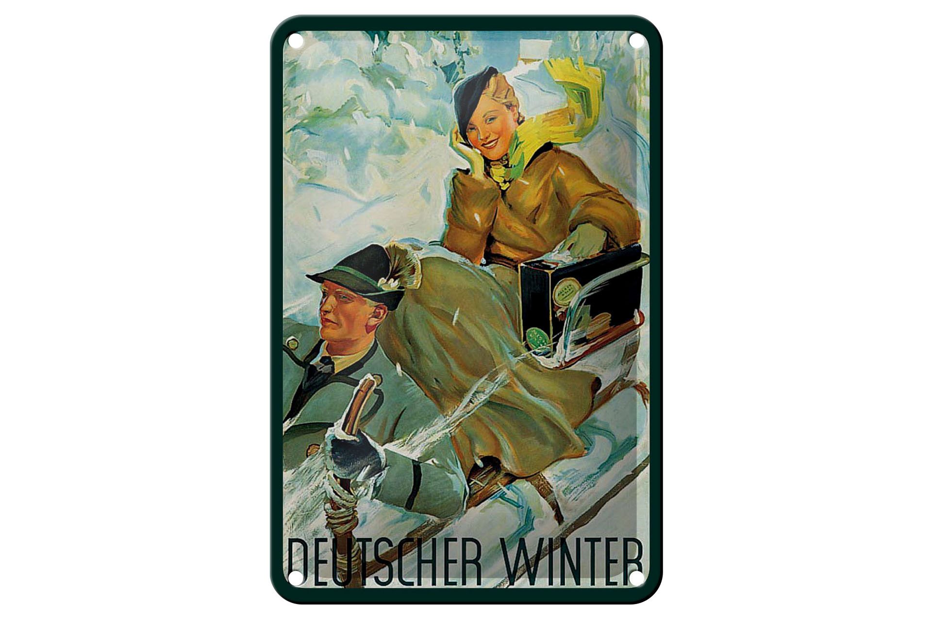 Femer GmbH Metallschild Reise 12x18 cm Deutscher Winter Pärchen auf Schlitten, (1 St), gewölbte Oberfläche, abgerundete Ecken, umgeschlagene Kanten