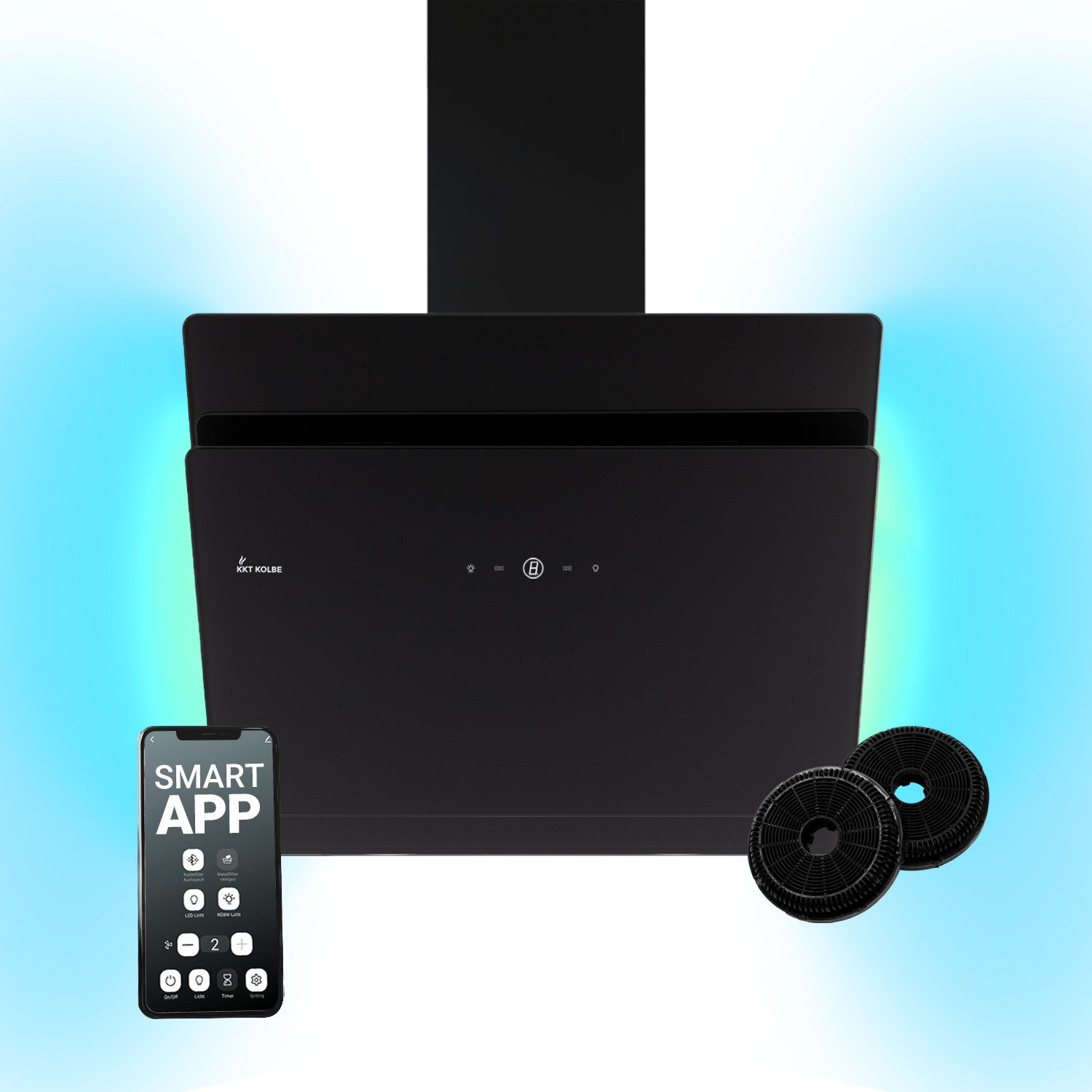 KKT KOLBE Wandhaube Dunstabzugshaube 60cm SOLO609SHCM RGBW Ambientebeleuchtung Dunstabzugshaube 60cm SOLO609SHCM RGBW Ambientebeleuchtung, Umluft Abluft Abzugshaube Smarte WiFi-App Schwarz Glas