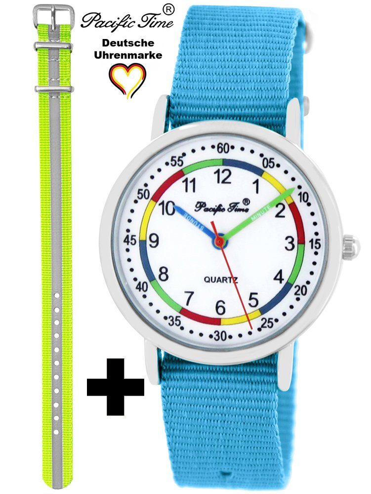 Pacific Time Quarzuhr Set Kinder Armbanduhr First Lernuhr Wechselarmband, Mix und Match Design - Gratis Versand Reflektor gelb und hellblau
