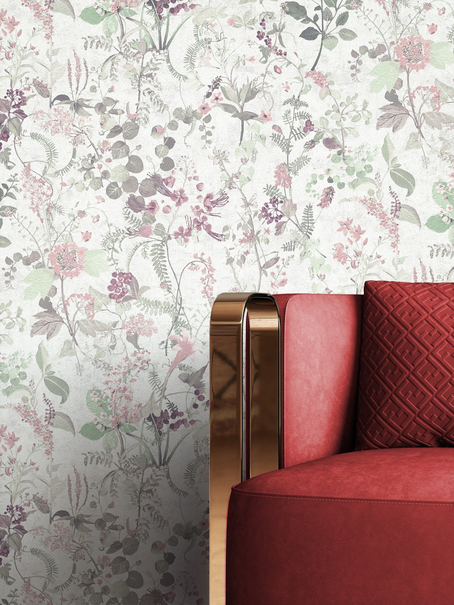 Newroom Vliestapete, Weiß Tapete Floral Blumen - Blumentapete Grün Rosa Romantisch Modern Blätter Zweige für Wohnzimmer Schlafzimmer Flur