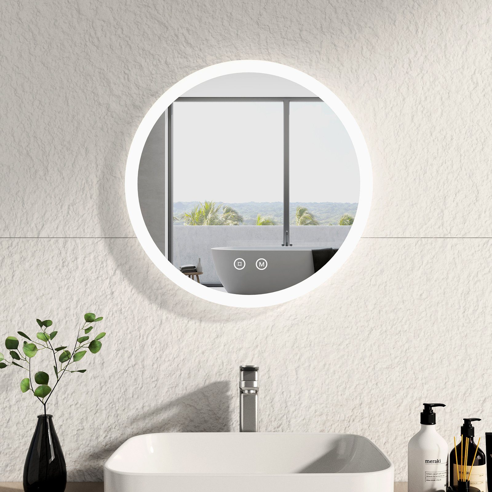 EMKE Badspiegel Rund mit Beleuchtung Badezimmerspiegel mit mattiertem Rahmen (Modell R1, Φ 50-80 cm, Touchschalter), Beschlagfrei, Memory-Funktion, 3 Lichtfarben, Dimmbar, IP44
